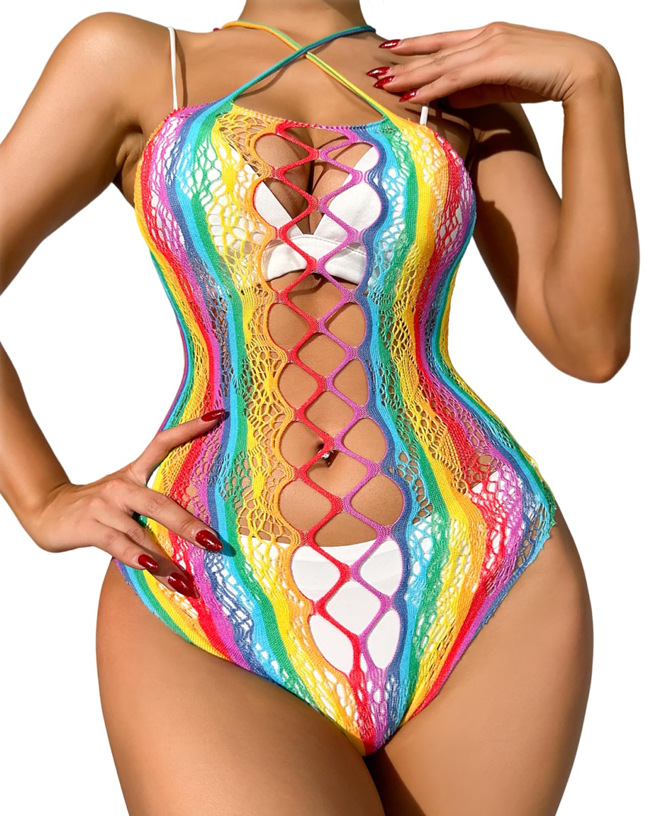 Festival Outfit Damen Netz Dessous-Sets,Sexy Lingerie Fischnetz, Einteilige Hohle Spaß-Perspektive,Durchsichtige Langärmelige Fischnetz Oberteil und Höschen-Sets, Erotik Reizwäsche (Regenbogen-4)