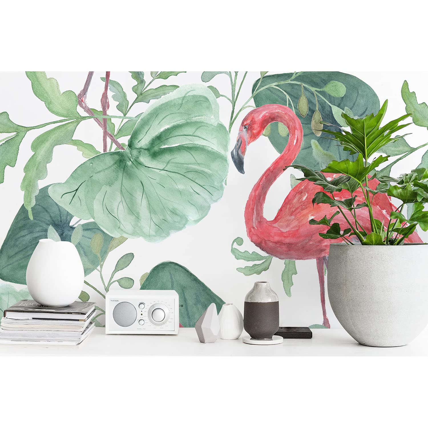 Papier peint paumes et flamant en latex durable pour une decoration murale haut de gamme