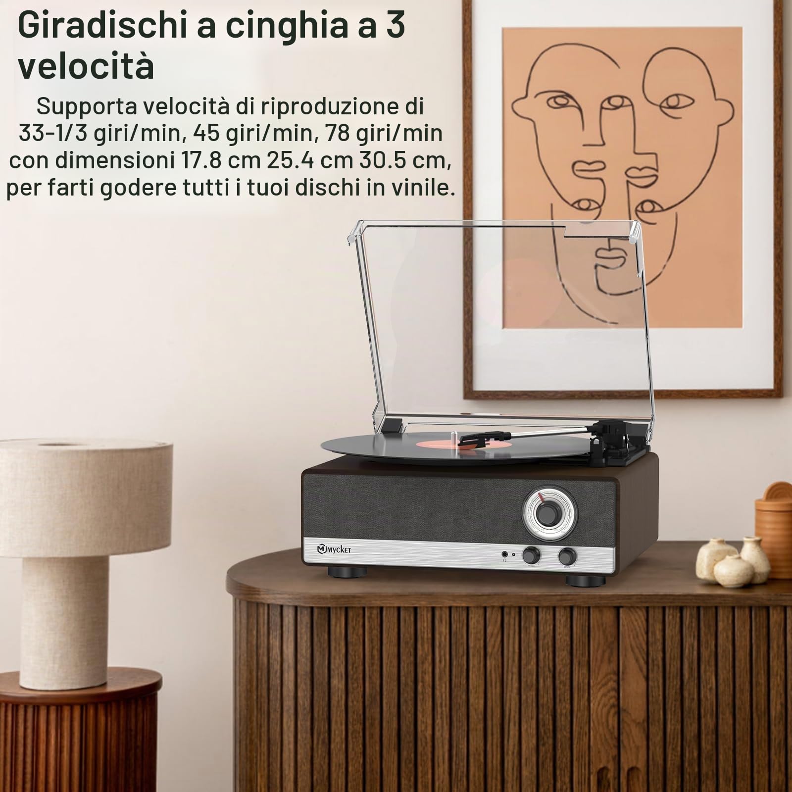 Mycket Giradischi in vinile Bluetooth 5.3 con altoparlanti integrati, vintage, giradischi con 3 marce, 33/45/78 U,AM/FM, trasmettitore Bluetooth, RCA Out, Auto-Stop