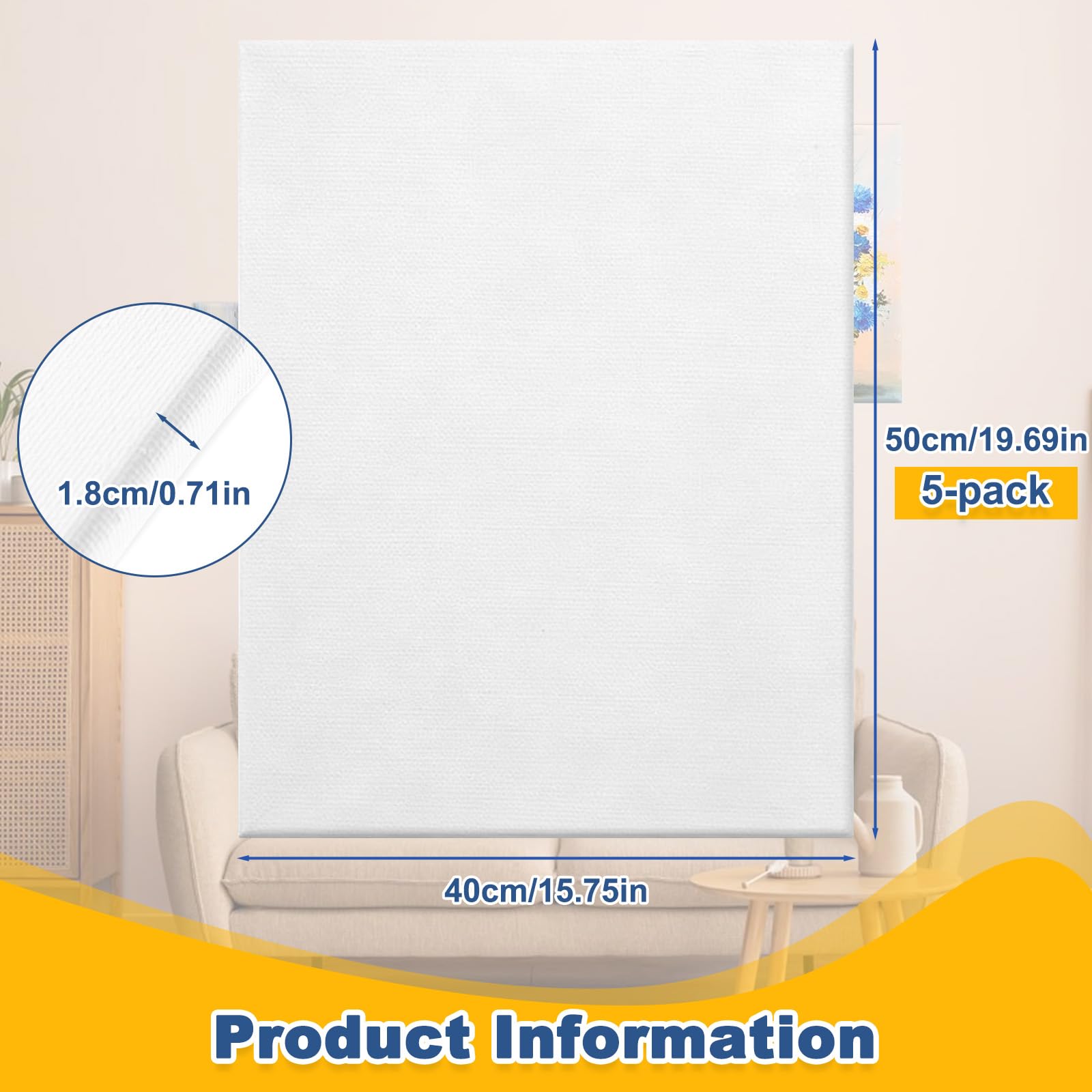 Lienzo de 5 Piezas, Lienzo Blanco Lienzos para Pintar 17mm Grosor 40x50cm, Lienzos Acrílicas Bastidores Lona Pintura Algodón 380 g/m² para Pinturas Acrilicos, Aacuarela, Aceite, Gouache y Artistas