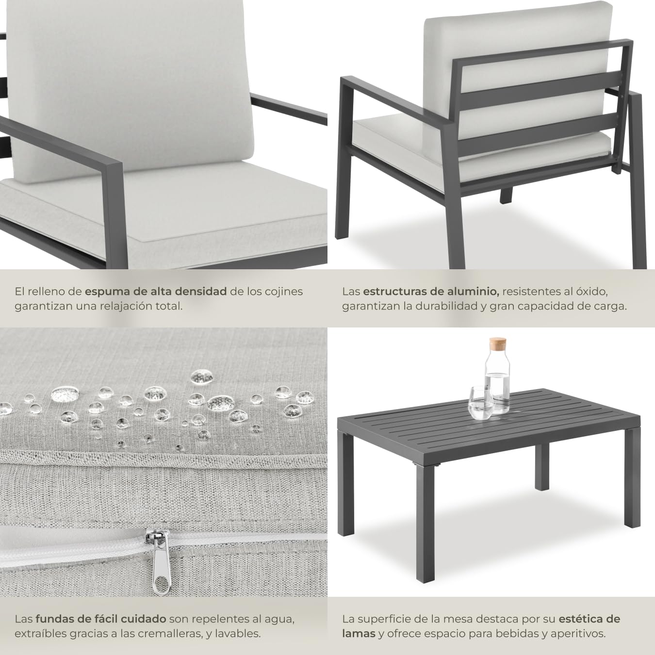 tectake® Conjunto de Muebles de Jardín 4 Piezas, 2 Sillones con Cojines Extragruesos, Muebles Jardin Exterior, Sofa Jardin y Mesa, Estructura Robusto Impermeable, Muebles Terraza Exterior - Gris Claro