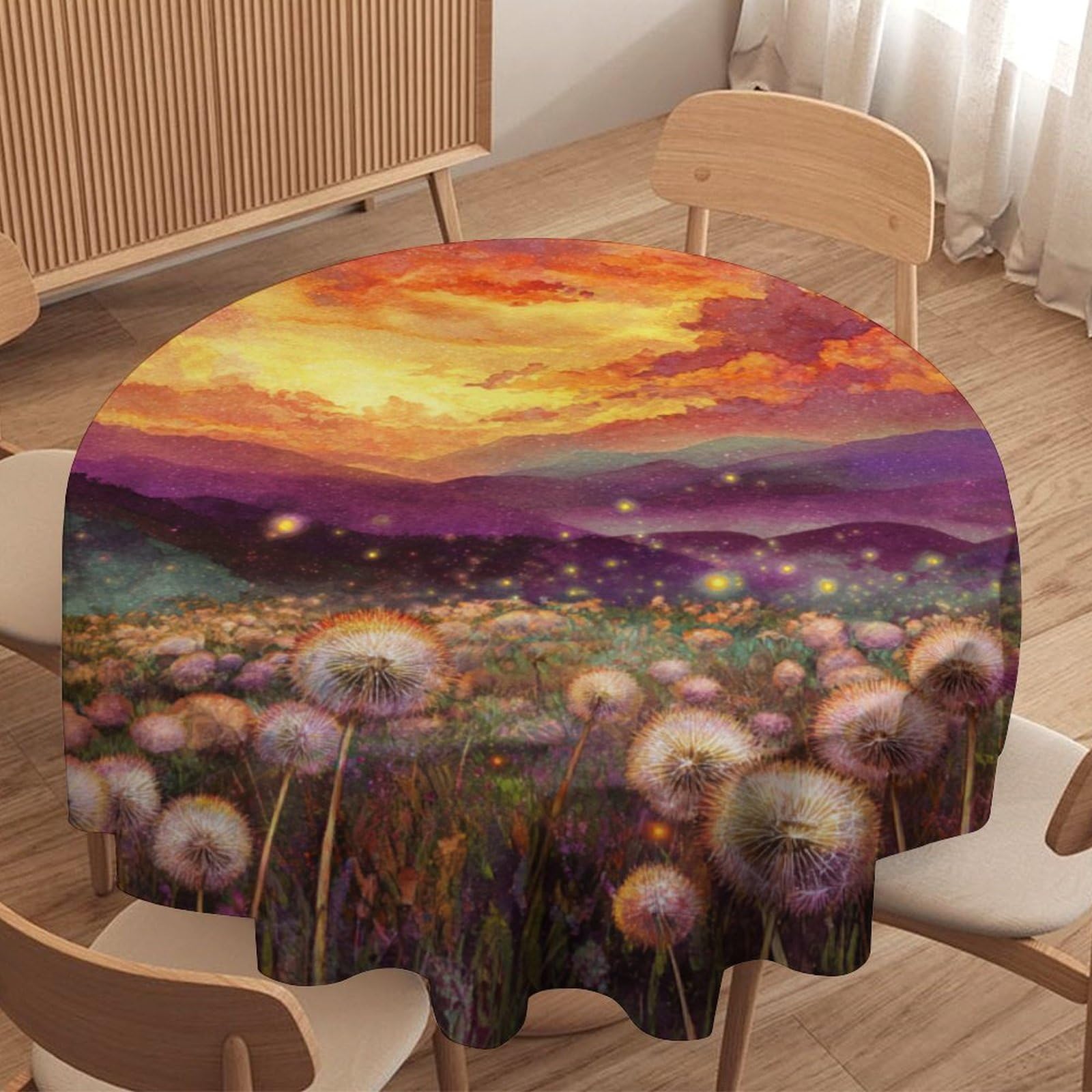 LUYYSKY Retro Oil Painting Dandelions Round Tablecloth Fantasy Watercolor Natural Sunset Landscape Plants Dandelions Floral P Washable Decor for Table Cover for Kitchen-91.4" Wx91.4 L cm