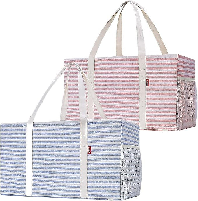 LHZK 2-Pack Standing Extra Large Utility Tote Bag with Metal Wire Frame and the Sides Rinforced, Large Collapsible Canvas Utility Tote (Blue/Pink)