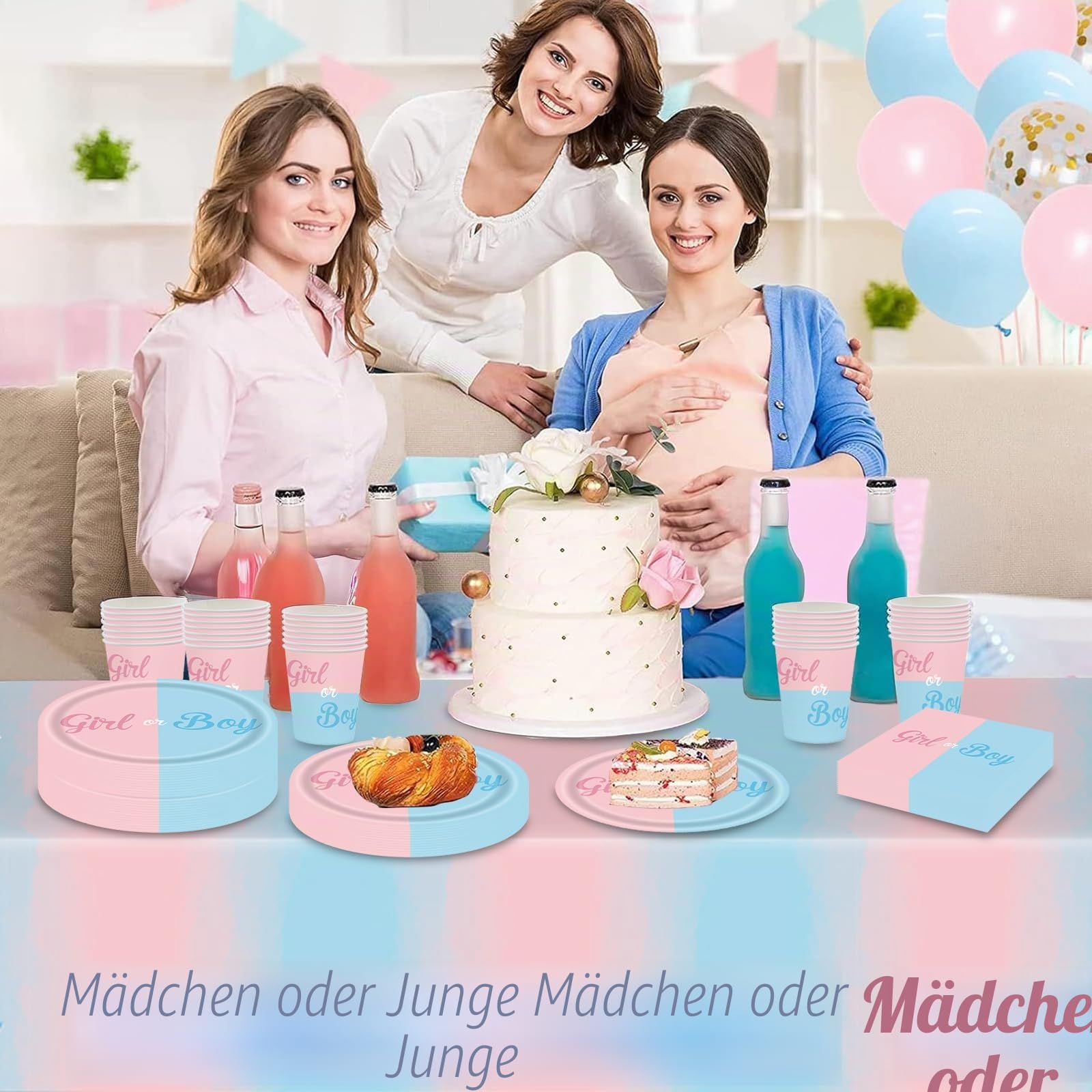 53 Stück Gender Reveal Partygeschirr für 16 Gäste, Babyparty Deko Partyteller Set, Neutral Girl or Boy Baby Party Decoration Rosa Blau Teller Becher Servietten Tischdecke für Baby Shower