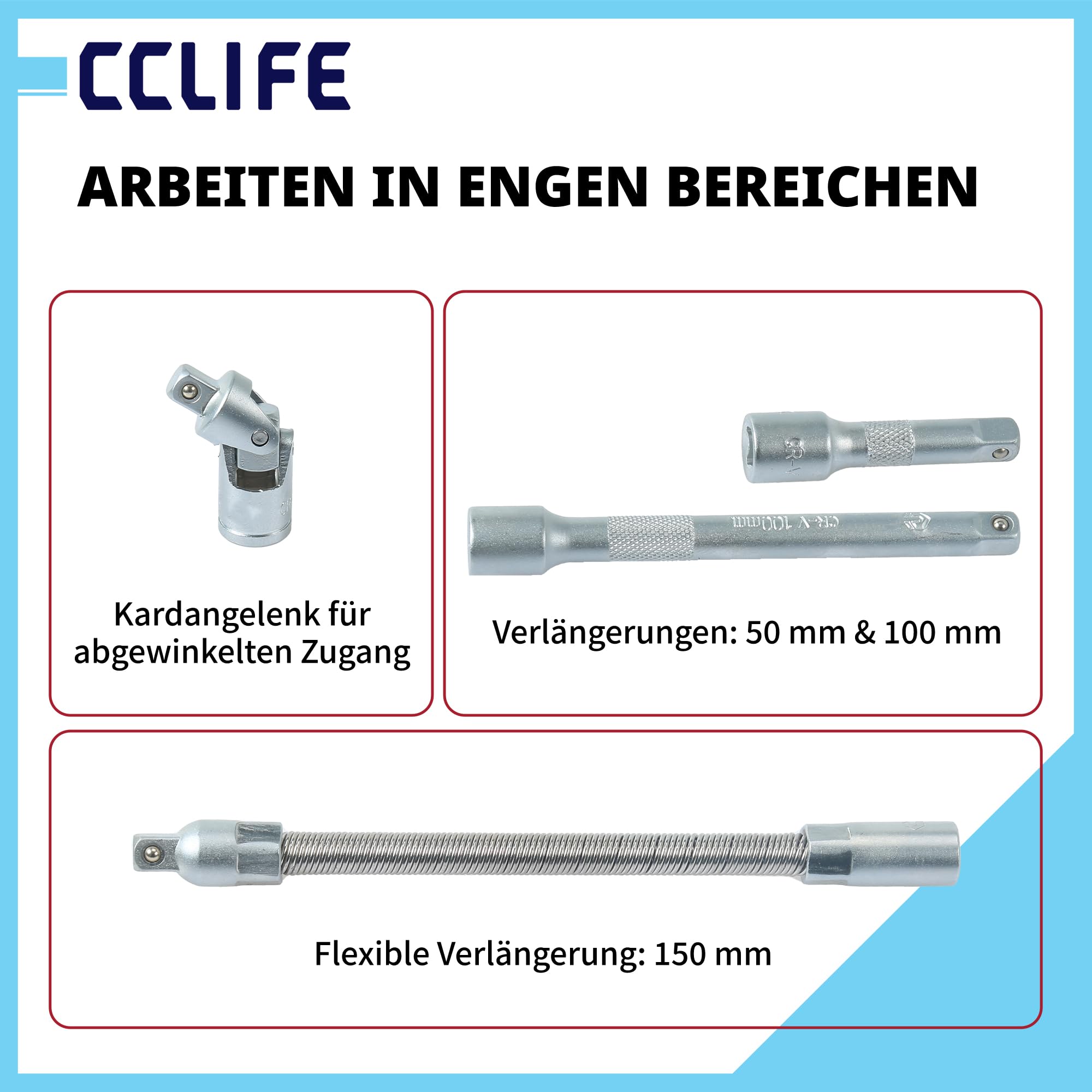 CCLIFE 46-częściowy zestaw narzędzi z grzechotkami 1/4" z nasadkami, przedłużkami i przegubami gimbalnymi do samochodów osobowych i majsterkowiczów w stabilnej walizce na narzędzia