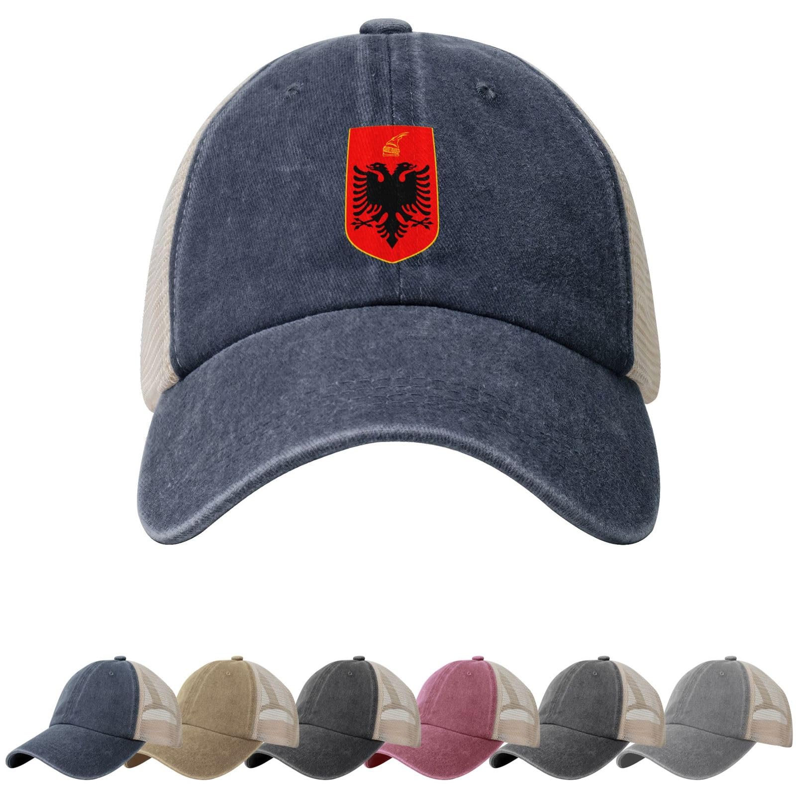 Coat of Arms of Albania Sun Hats for Men Women Albania Emblem Cowboy Mesh Baseball Cap Albanian Trucker Hat Navy Blue