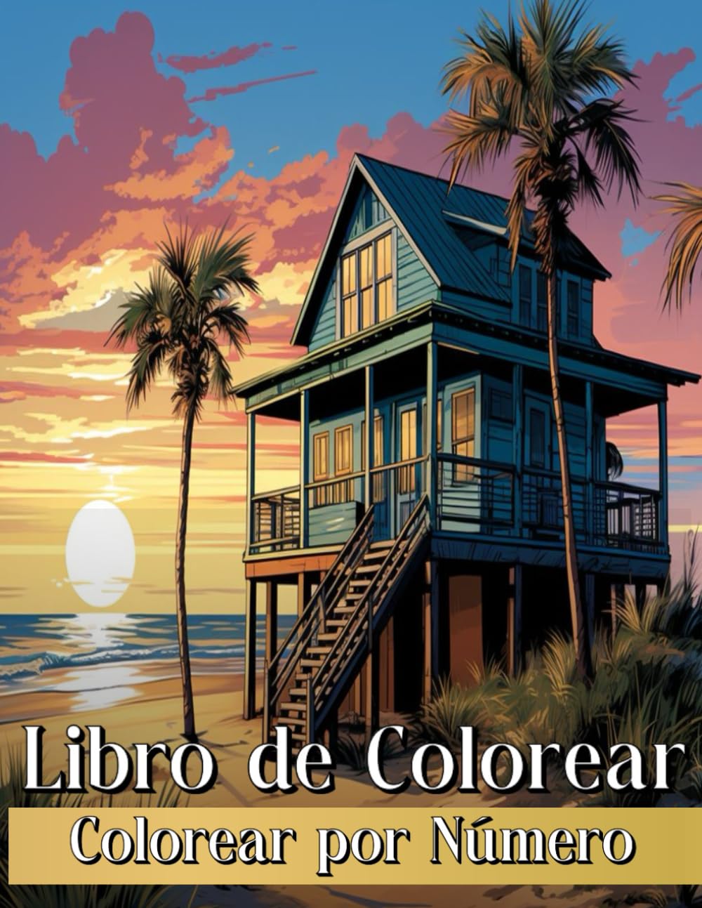 Libro de Colorear por Número: Dibujos Relajantes con Mansiones, Casas de Playa, Paisajes, Mujeres en Flores Con Paleta de Colores Detallada