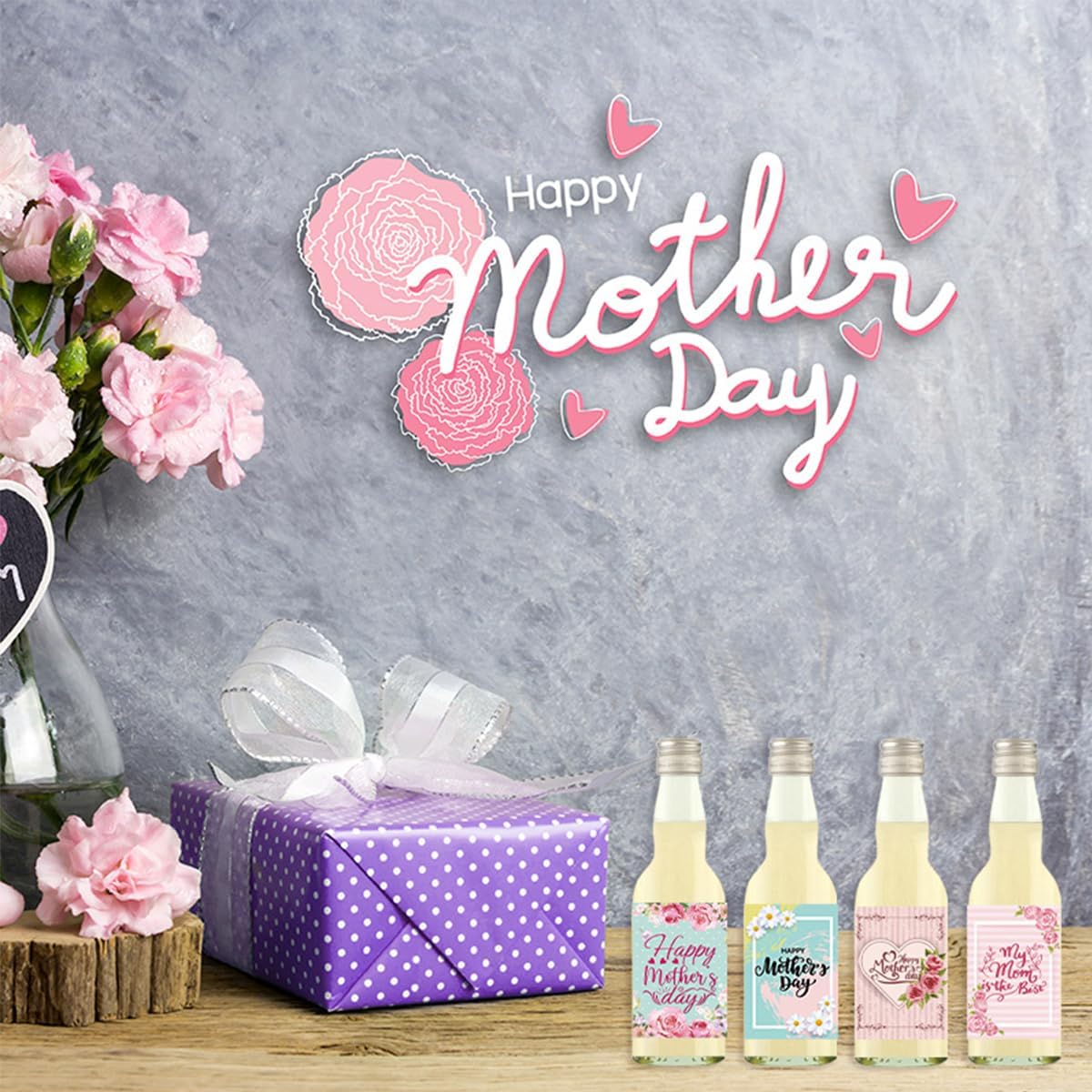 24 Pieces Happy Mother's Day Wine Label Bottle Stickers Thank Mom Gift Champagne Bottle Flower Design Decorative Stickers for Mom's Birthday Party Favor Decoration Supplies