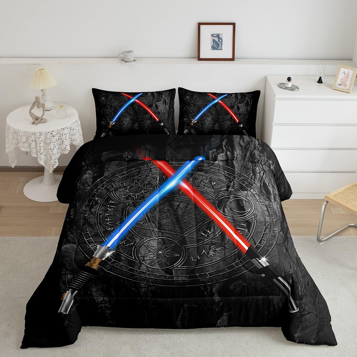 Lightsaber Comforter Set Queen Size 3D Neon Blue Red Bedding Set 3Pcs Geometric Sun Moon Round Quilt Set for Kids Boys Girls Teens Room Decor Fashion Vintage Stone Wall Duvet Insert,Black