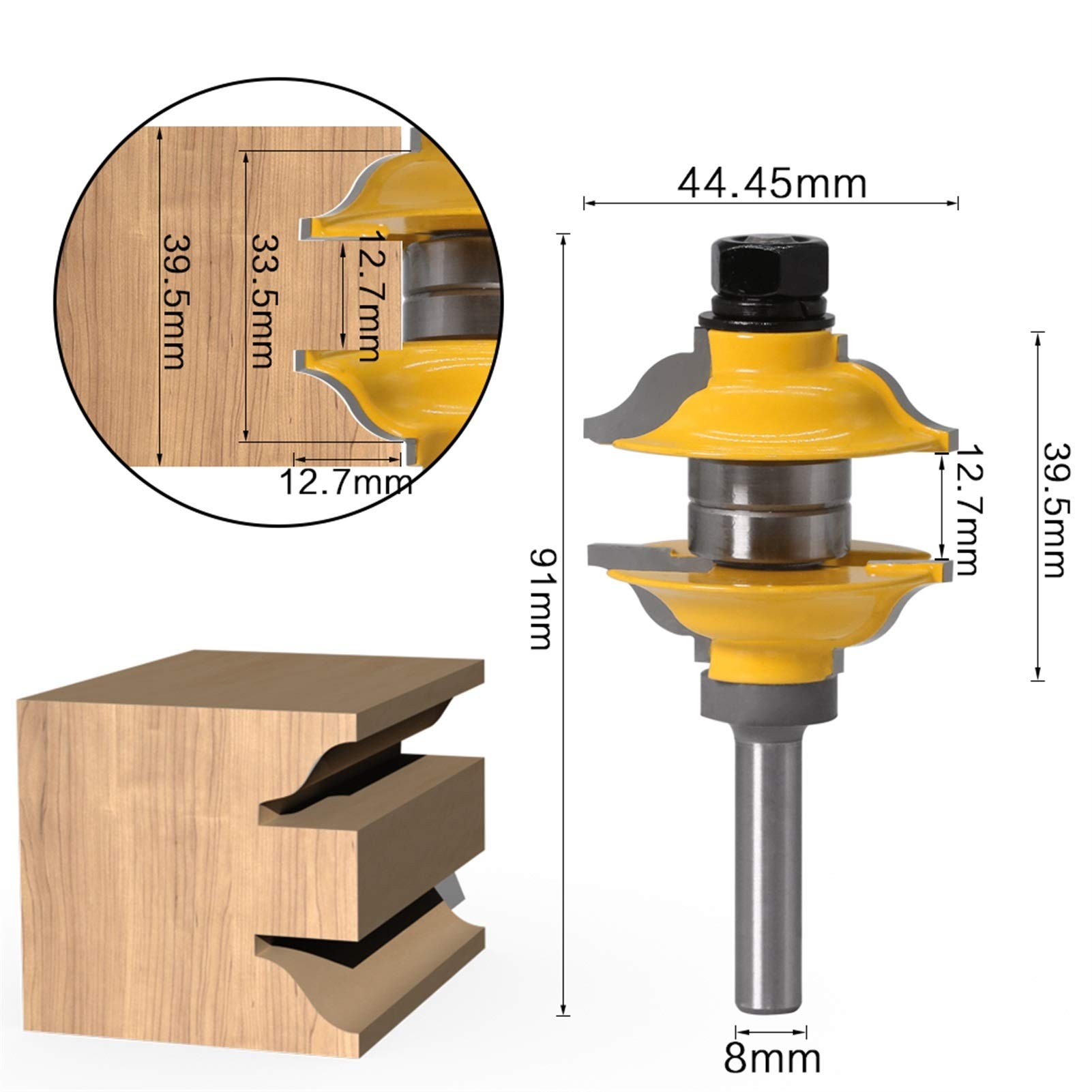 JINchao bity routerowe, zestaw bitów do drzwi wejściowych do wnętrz Tenon zestaw bitów frezarskich do drewna, 8 mm chwyt 12 mm 3 szt., do domu i DIY (Długość krawędzi cięcia: 8 mm)