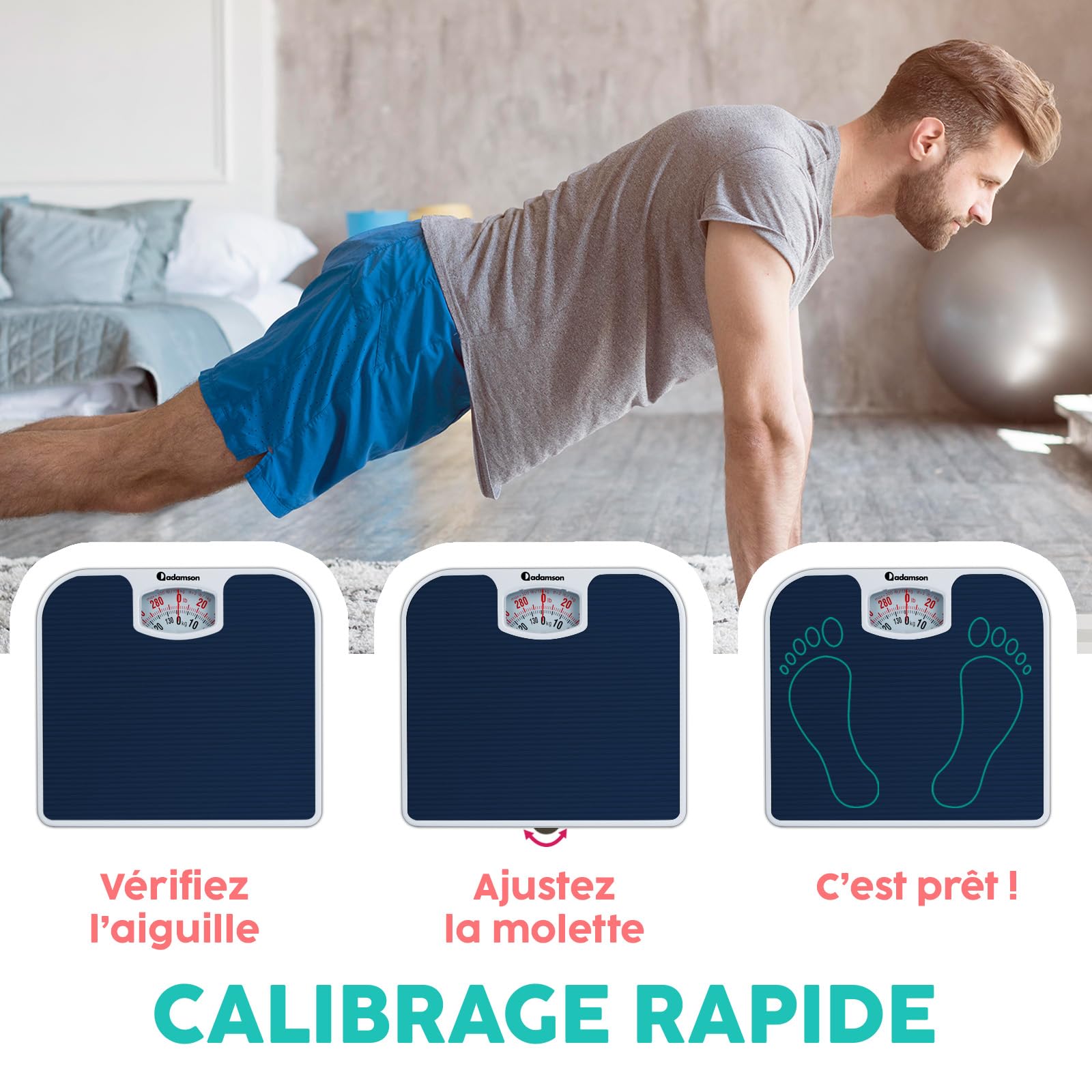Adamson A21 Personenwaage Analog – bis zu 136 kg – Neu – Rutschfeste Gummioberfläche - Große Zahlen – Körperwaage Analog – Erschwinglich – Langlebig mit 20 Jahren Garantie - Blau