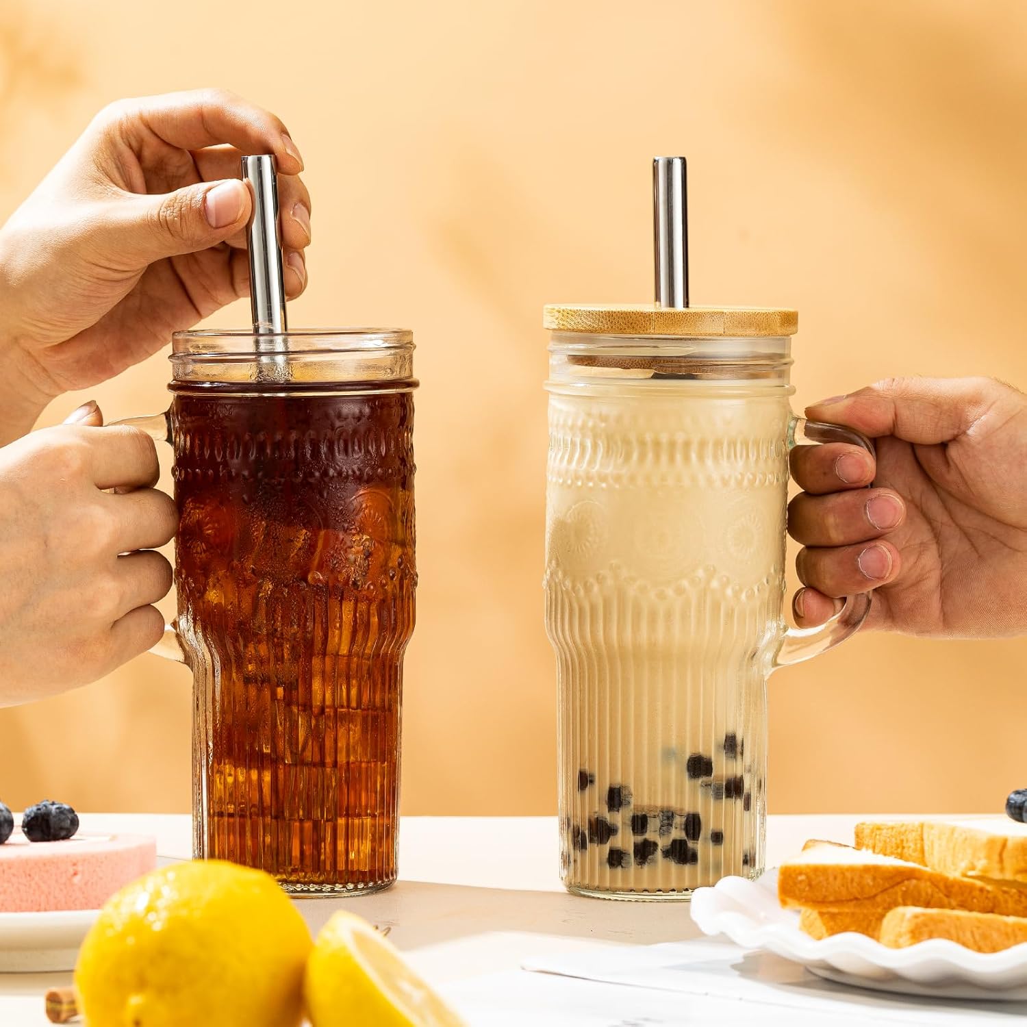 Glass Cups with Bamboo Lids and Straws, 24oz Glass Tumbler with Handle, Stainless Steel Straws & Cleaning Brushes – Boho Pattern Iced Coffee Cup for Smoothies, Tea, and Gifts, Set of 2 - Image 8