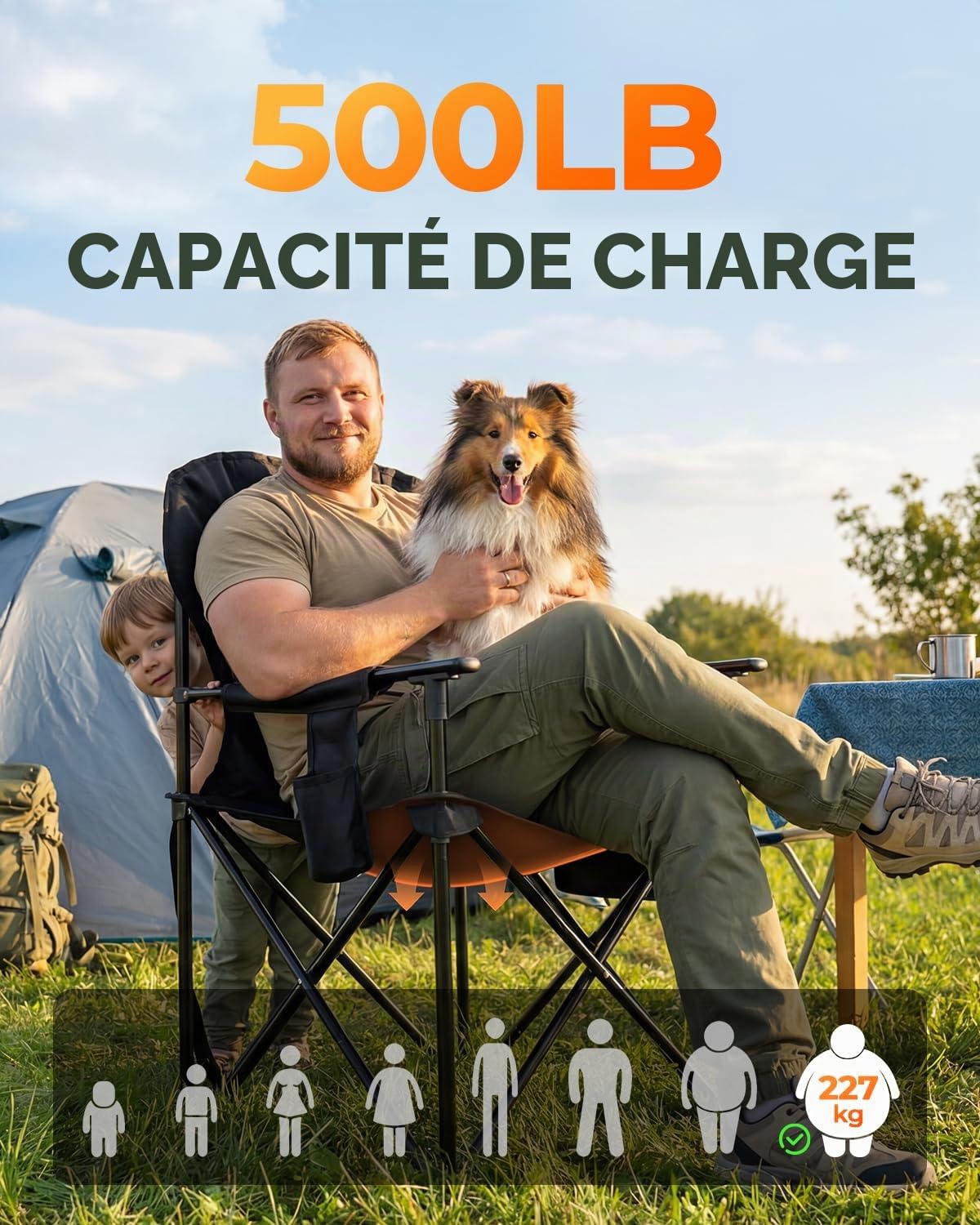 Sportneer Chaise de camping surdimensionnée de 227 kg - Chaise de camping pliable robuste avec accoudoirs, pelouse avec poche latérale et porte-gobelet, chaise de camping pour le jardin, la pêche, les