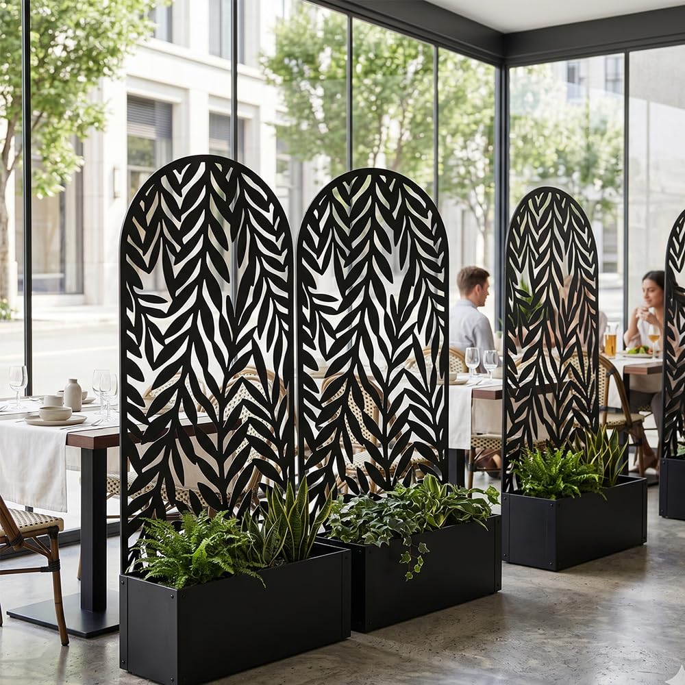 Fioriera con spalliera graticola rettangolare alta cm 150 vaso 60x32 in Metallo nero Separè Decorativo per Piante Rampicanti e Divisorio per Ambienti Design Moderno Ideale per Casa Bar Ristoranti.