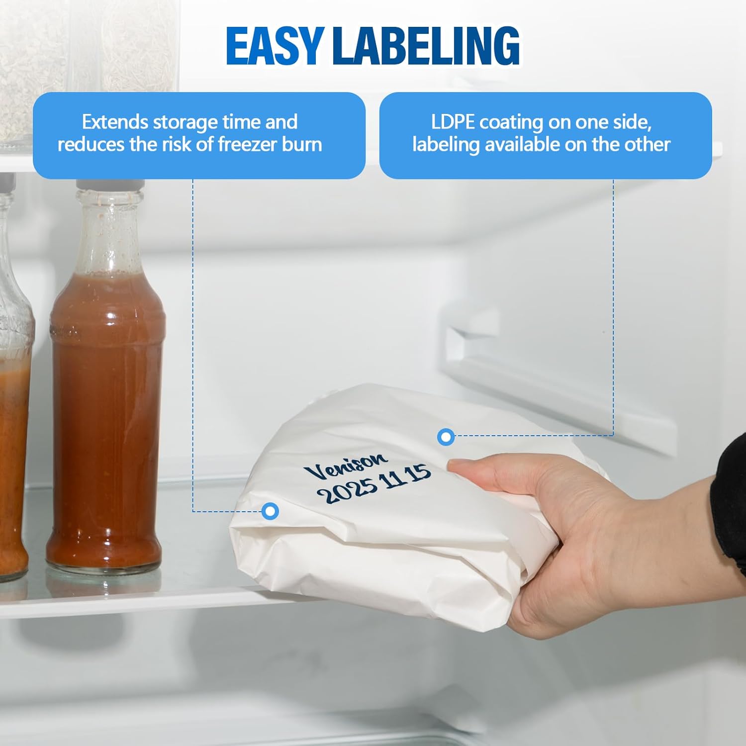 Freezer Paper for Meat 18 x 13200 (1100 Feet) Large White Freezer Paper Roll Markable Plastic Coated Food Wrapping for Freezing Food, Fish, Poultry, Keeps Meat Fresh, Safe Protection