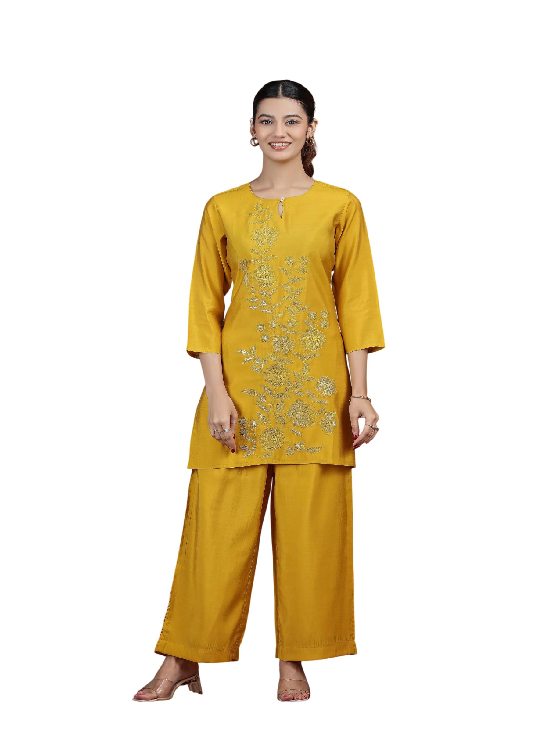 Mustard Yellow Embroidered Kurta Palazzo Set-image-38