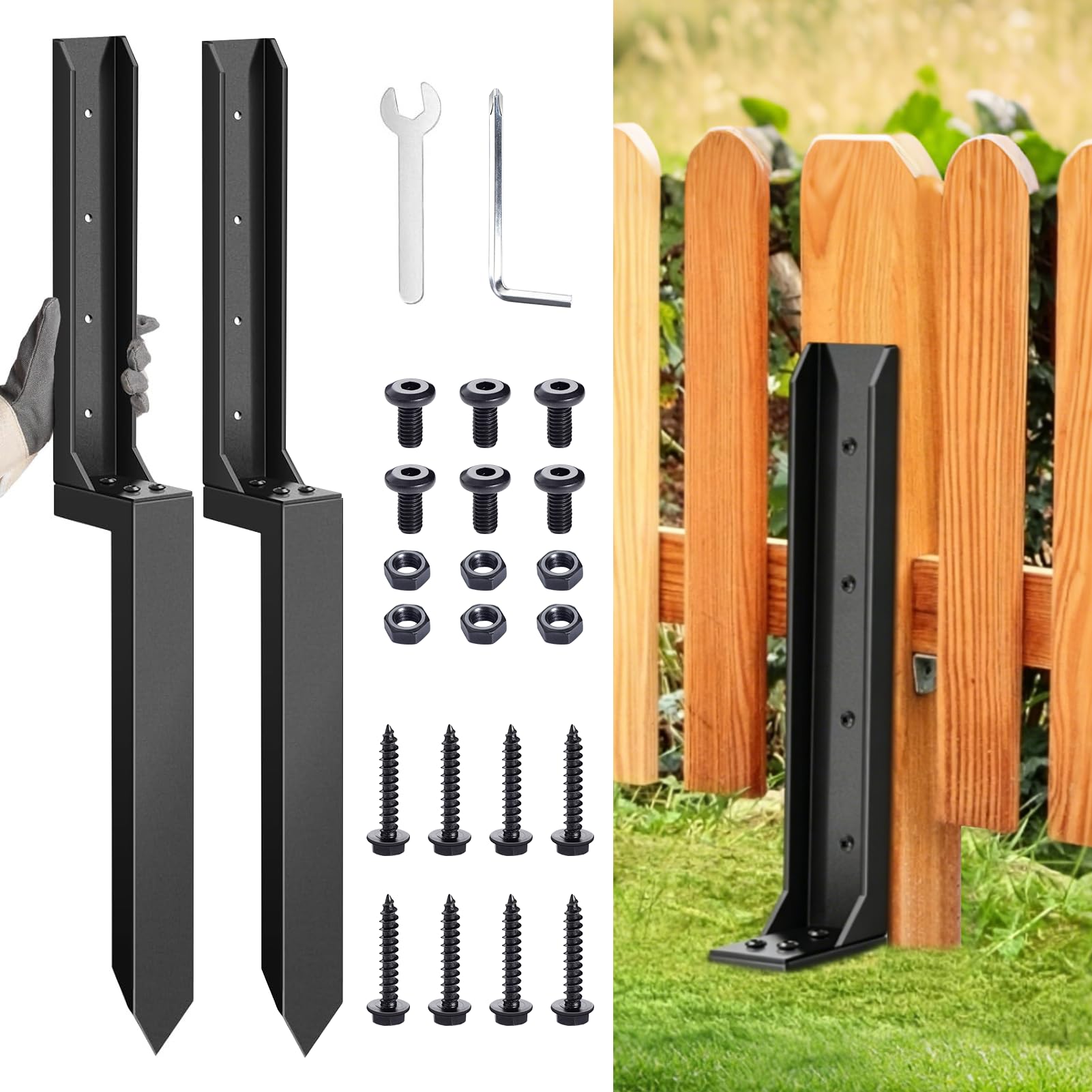 2 Stück Verdicktes Zaunpfostenreparatur-Set, Robuste Stützpfähle für Zaunpfosten aus Stahl, Anker-Erdspieß zur Reparatur von schiefen, gebrochenen Holzzaunpfosten