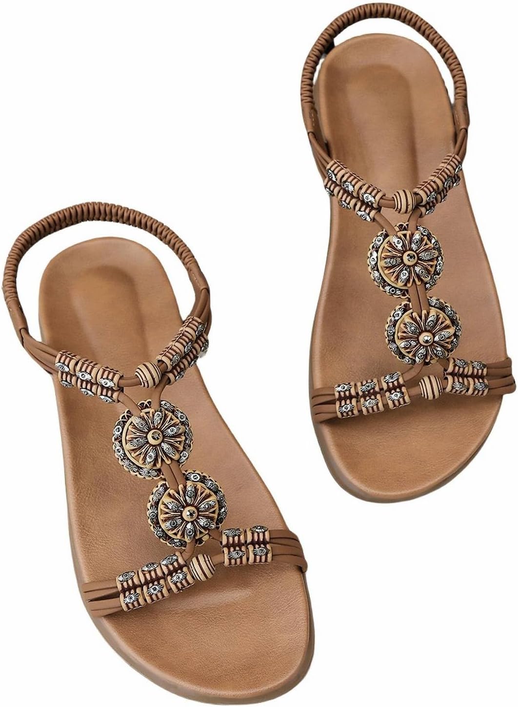 New Boho Flat Sandals for Women Bohemian Beaded Strap Shoes Diamante Slip-On Toe Post Sandals with Elastic Ankle Strap for LADIES Footwear