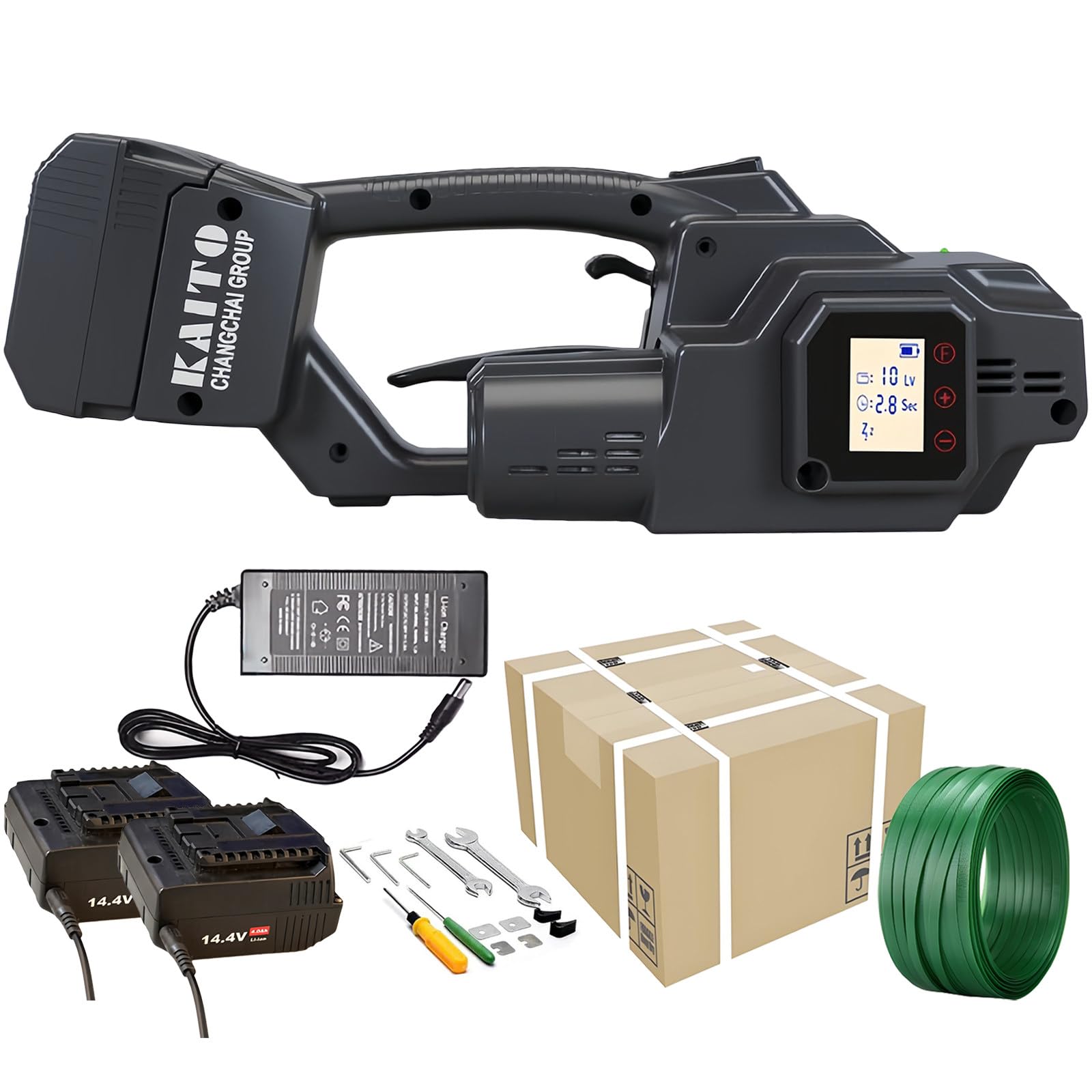 YXYLJOZ Portable Electric Strapping Machine with Digital Display, 7-19mm PP/PET Straps, 3800N Tensioner, 4000mAh Battery, Automatic Tool for Packaging, Ideal for Boxes & Pallets (2 Battery)