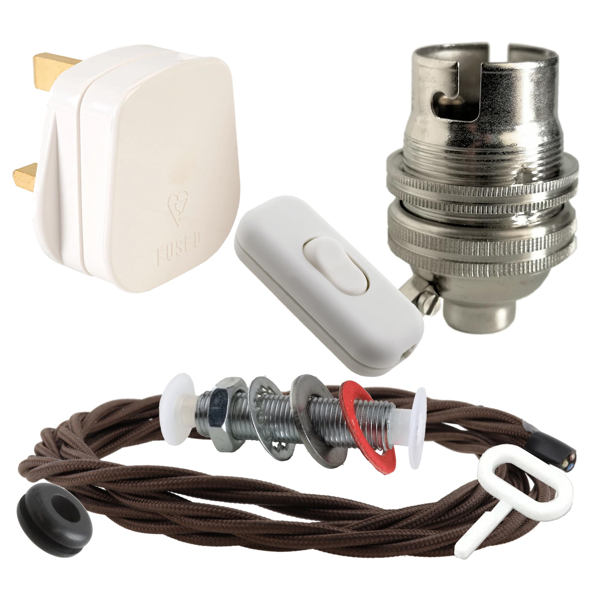 Art Deco Emporium Lamp Repair and Servicing Kit|White Plug|Brown Flex|White Switch|B22 Chrome Finish Lamp Holder