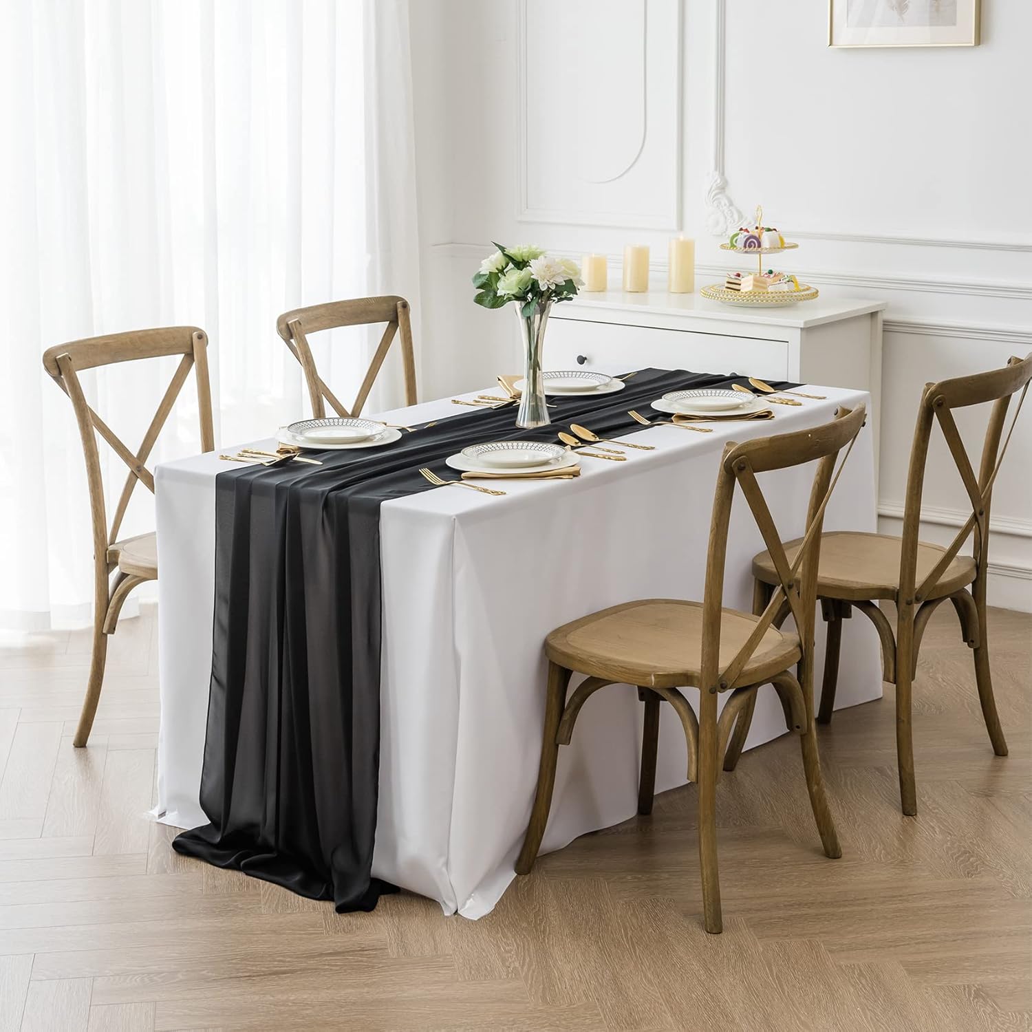 12Pack 10ft Chiffon Table Runner 29x120 Inch Sheer Romantic Table Runner for Wedding Birthday Party Bridal Shower Outdoor Decoration-Black