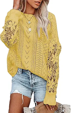AlvaQ Women's 2023 Lace Crochet Sweater Summer Fall Lightweight Crewneck Knit Sweaters Pullover Jumper Tops
