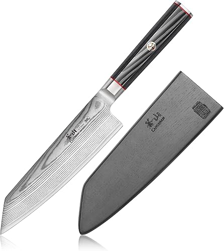 Cangshan YARI Series X-7 Cuchillo Kiritsuke de acero Damasco de 7 pulgadas con funda