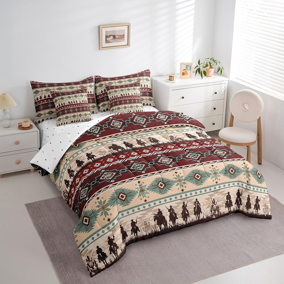 Feelyou Western Comforter Set Full Size 7 Pieces Comforters Brown Red Cowboy Bedding Set Boho Southwestern Cowboy Bed Set Bed in a Bag with Comforter, Sheets, Pillowcases & Cushion Covers