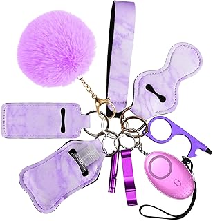 Brifit Safety Keychain Set for Women, 10 PCS Loud Safety Keychain Set with Personal Safety Alarm, LED Light, Whistle, No Touch Door Opener, Security Alarms Keychain for Kids (Purple)