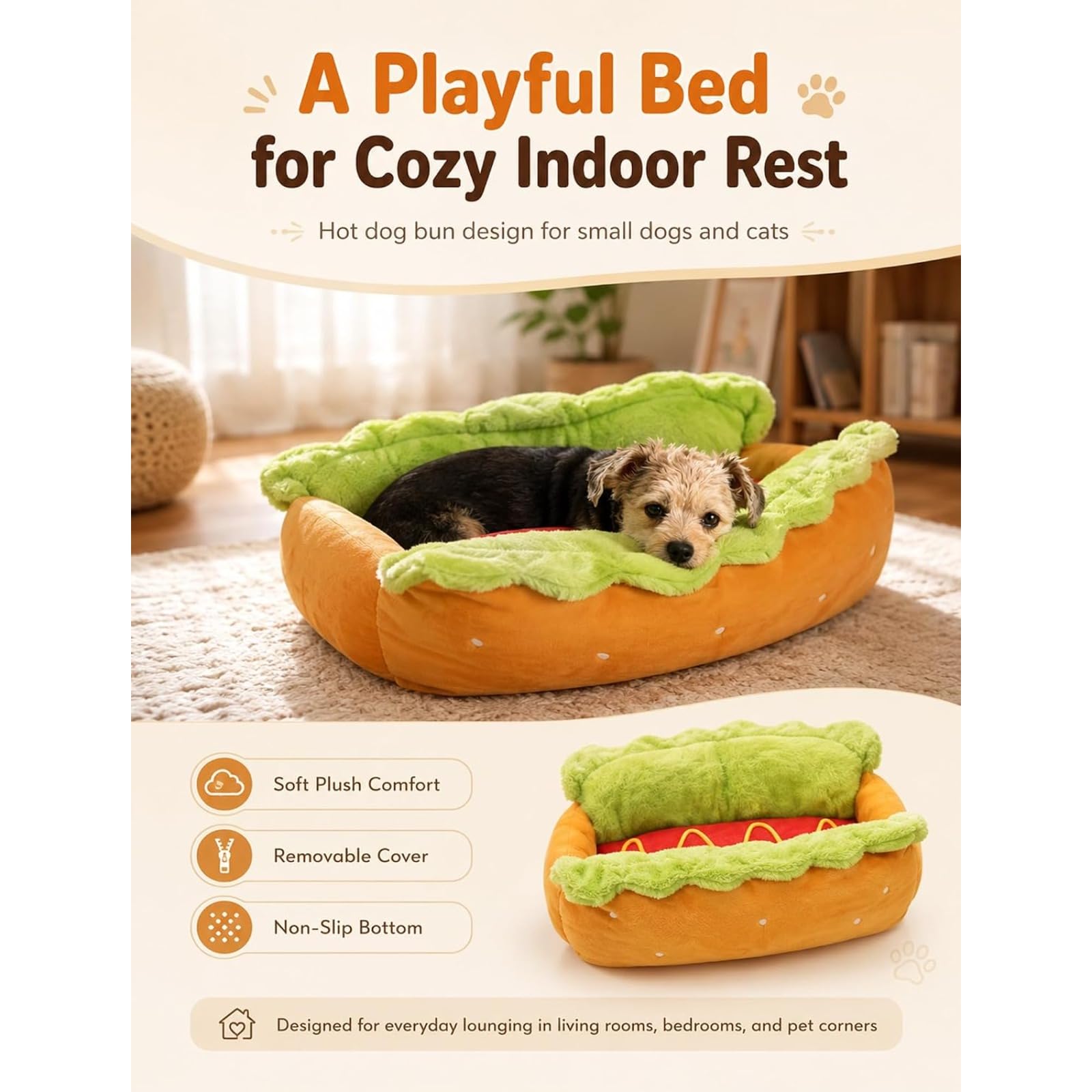Hot-Dog-Bett für Dackel, kleine Hunde und Katzen, Plüsch-Haustierbett mit abnehmbarem, waschbarem Bezug, weiches Mikrofaser- und Cord-Haustiersofa mit rutschfester Unterseite, waschmaschinen (L)