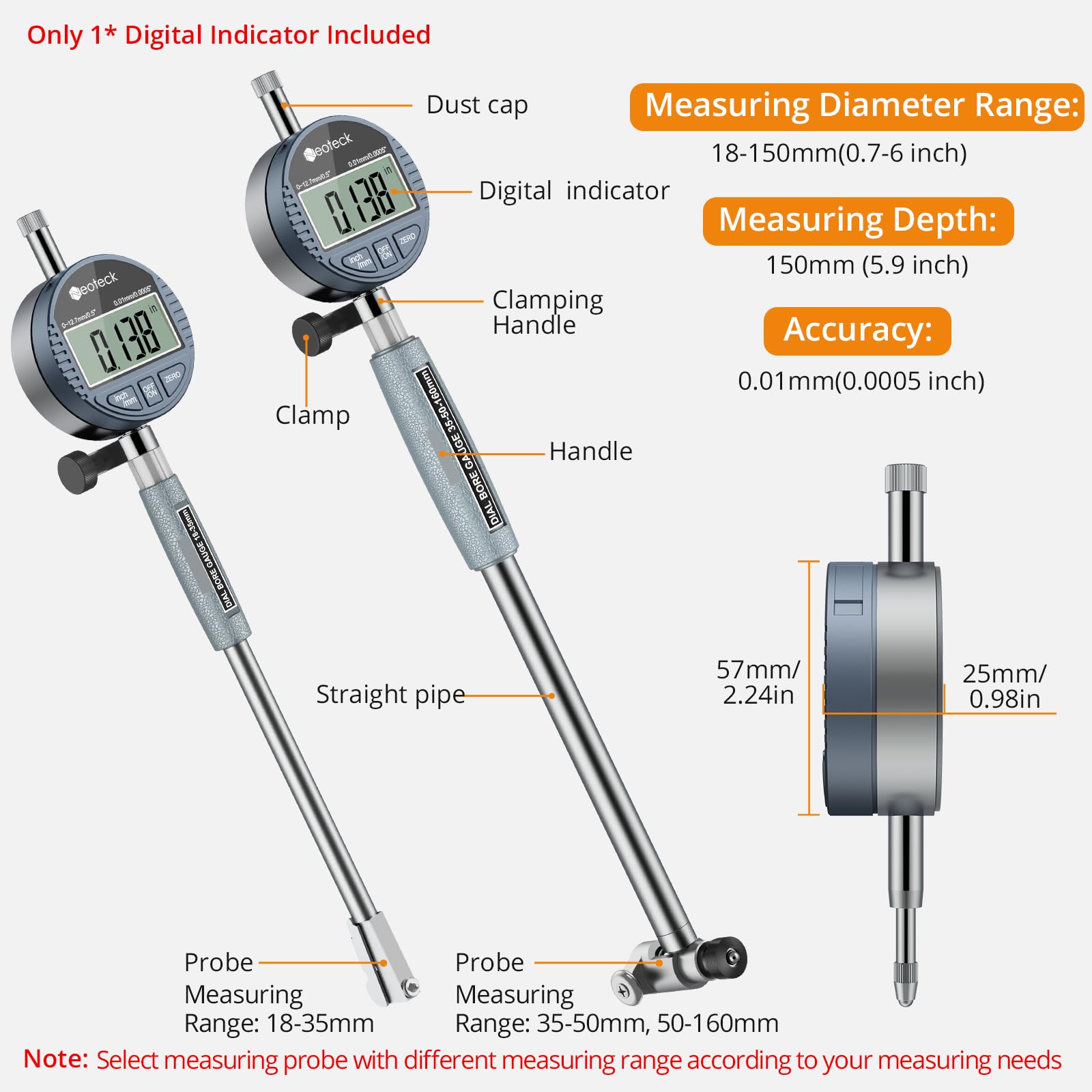 Neoteck Szablon do otworów, zestaw zegarów pomiarowych 18-160 mm, średnica wewnętrzna zegara, stop aluminium, wysoka precyzja, 0,01 mm, narzędzie pomiarowe przemysłowe