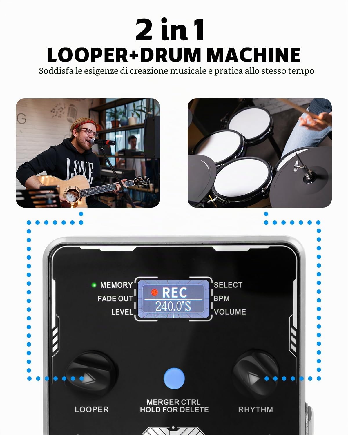 STRICH Pedale Looper stereo con drum machine, 100 modelli batteria, 160 minuti registrazione, USB audio, editing software