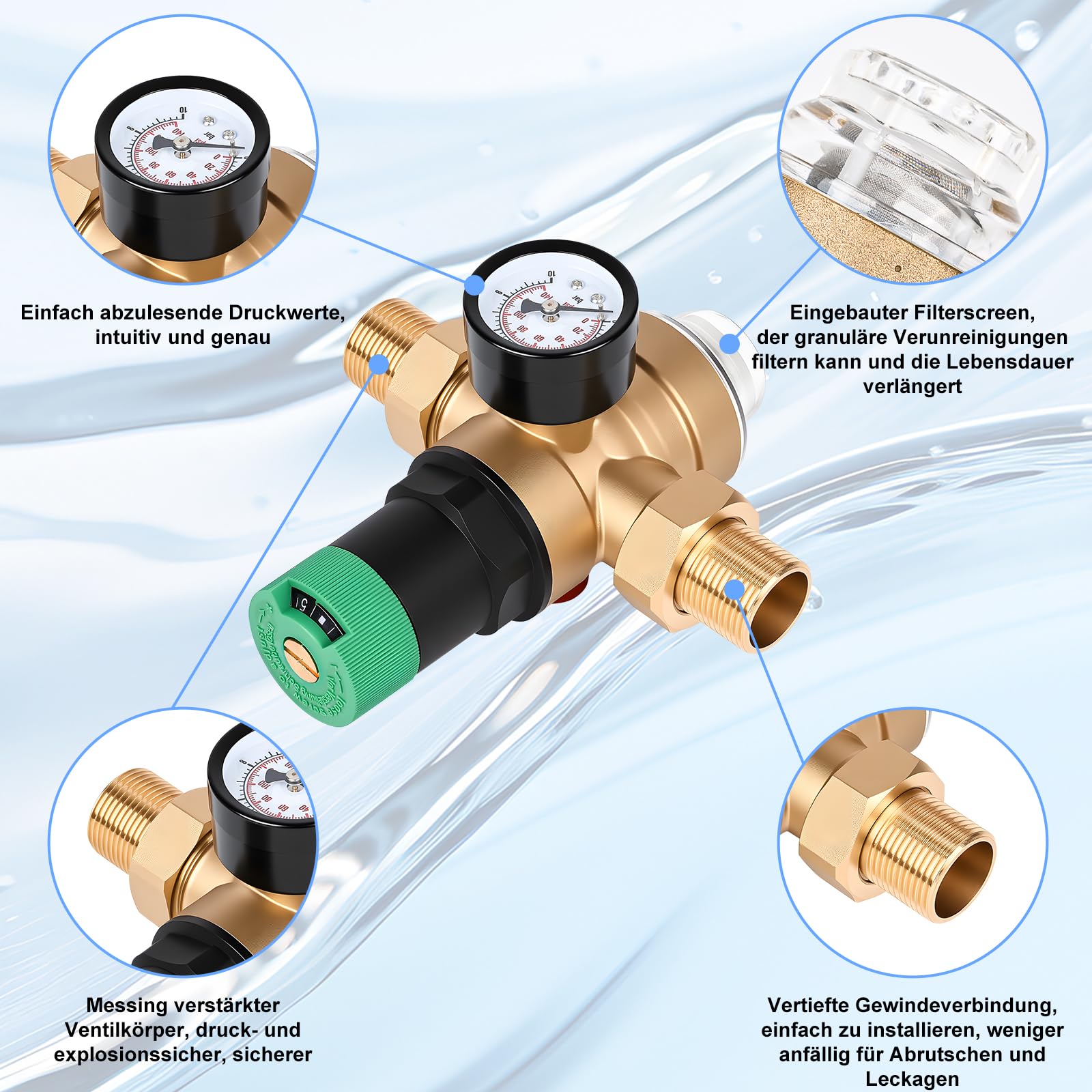 Diealles Shine Druckminderer Wasser 3/4 zoll, Druckregler Wasser mit Manometer und Siebfilter, Druckminderventil Druckregler Messing für Häuser Gebäude Fabriken