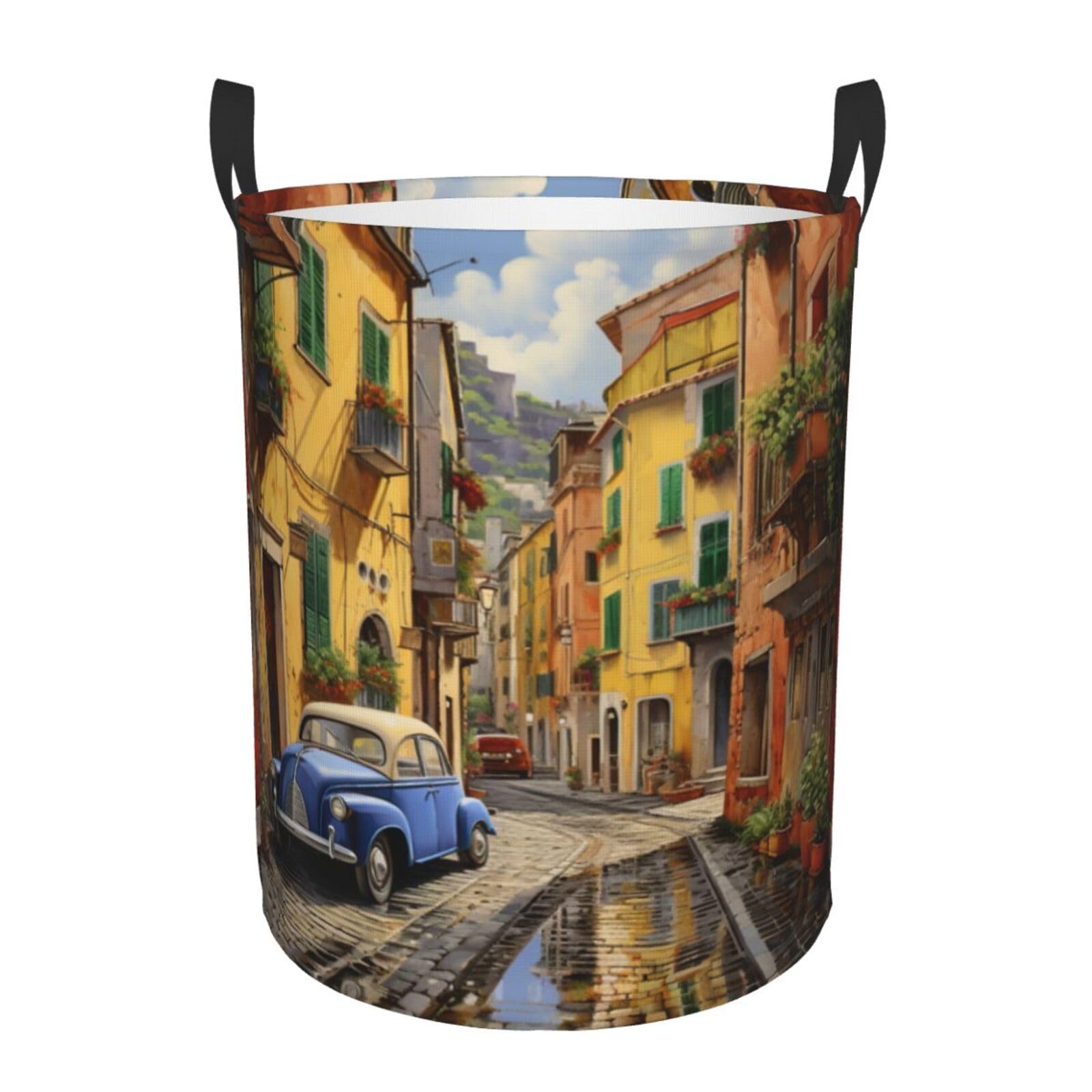 S Collapsible Laundry Hamper Round Italian Street Print Storage