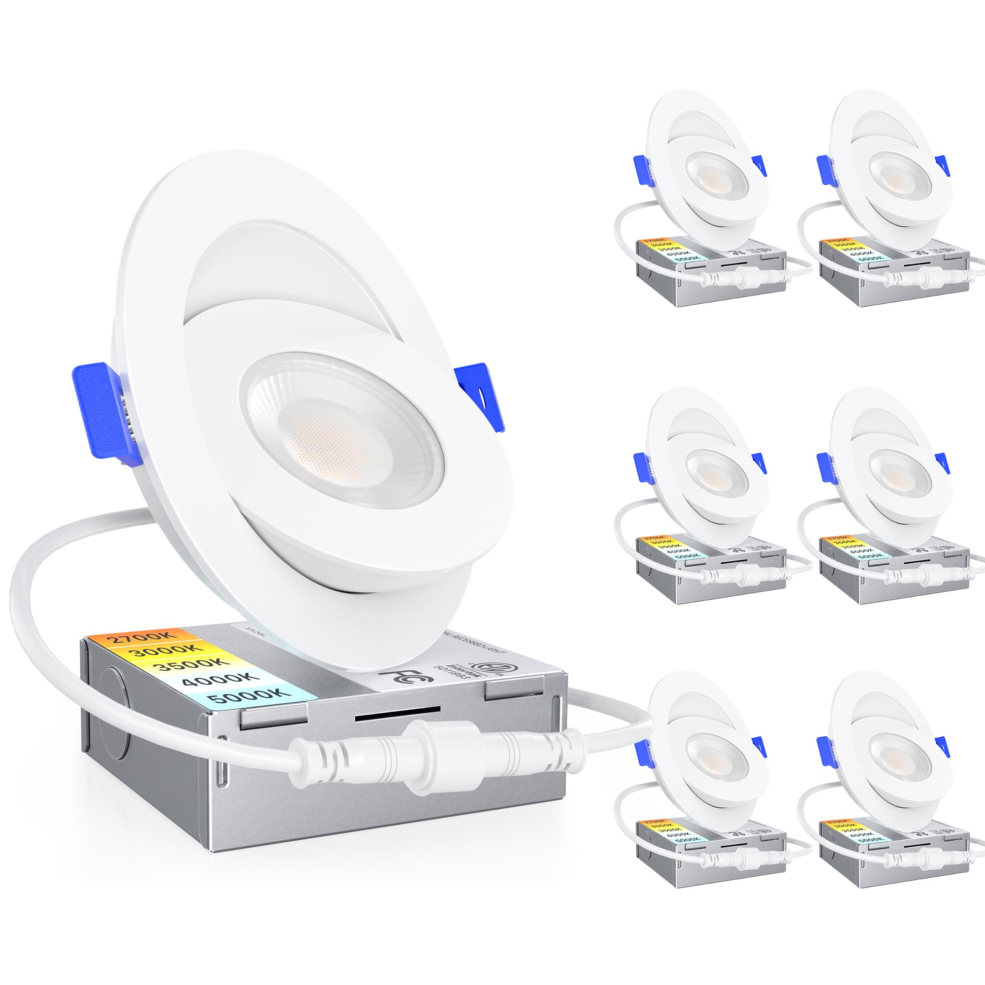 ensenior 6 pack 4 inch 5cct led gimbal led recessed light with junction box, 360°+90° adjustable directional eyeball lighting, dimmable, 2700k/3000k/3500k/4000k/5000k, 950lm, 10w=85w-etl&fcc