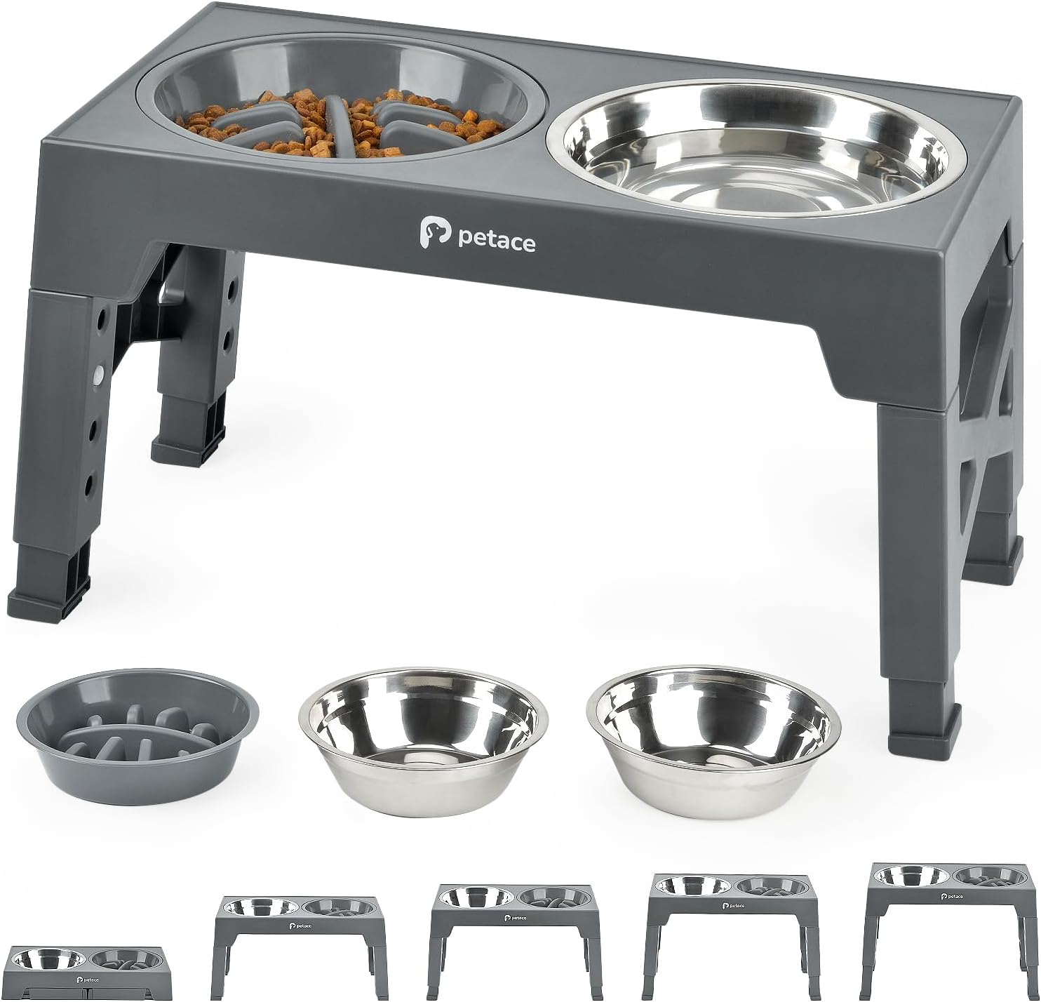 Elevated Dog Bowls for Large Dogs, Raised Dog Bowl Stand with Slow Feeder Bowl & 2 Stainless Steel Dog Food Bowls, 5 Heights Adjustable for Small Medium Large Dogs and Pets