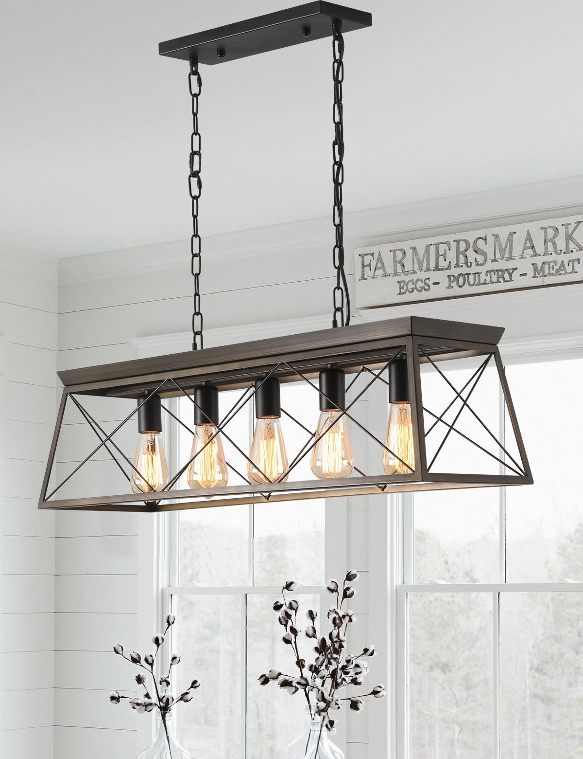 5-Light Dining Room Chandelier Over Table, Farmhouse Rustic Dining Room Light Fixture Ceiling Hanging Pendant with Adjustable Height in Bronze & Briarwood Grain