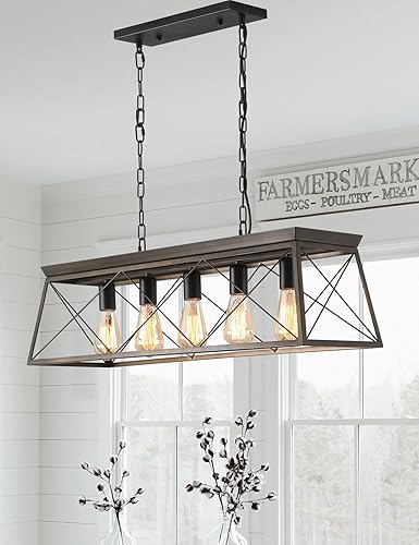 Farmhouse Briarwood - Lámpara de araña lineal, iluminación de isla de cocina, lámpara colgante de techo para comedor, bronce antiguo, colgante de 5