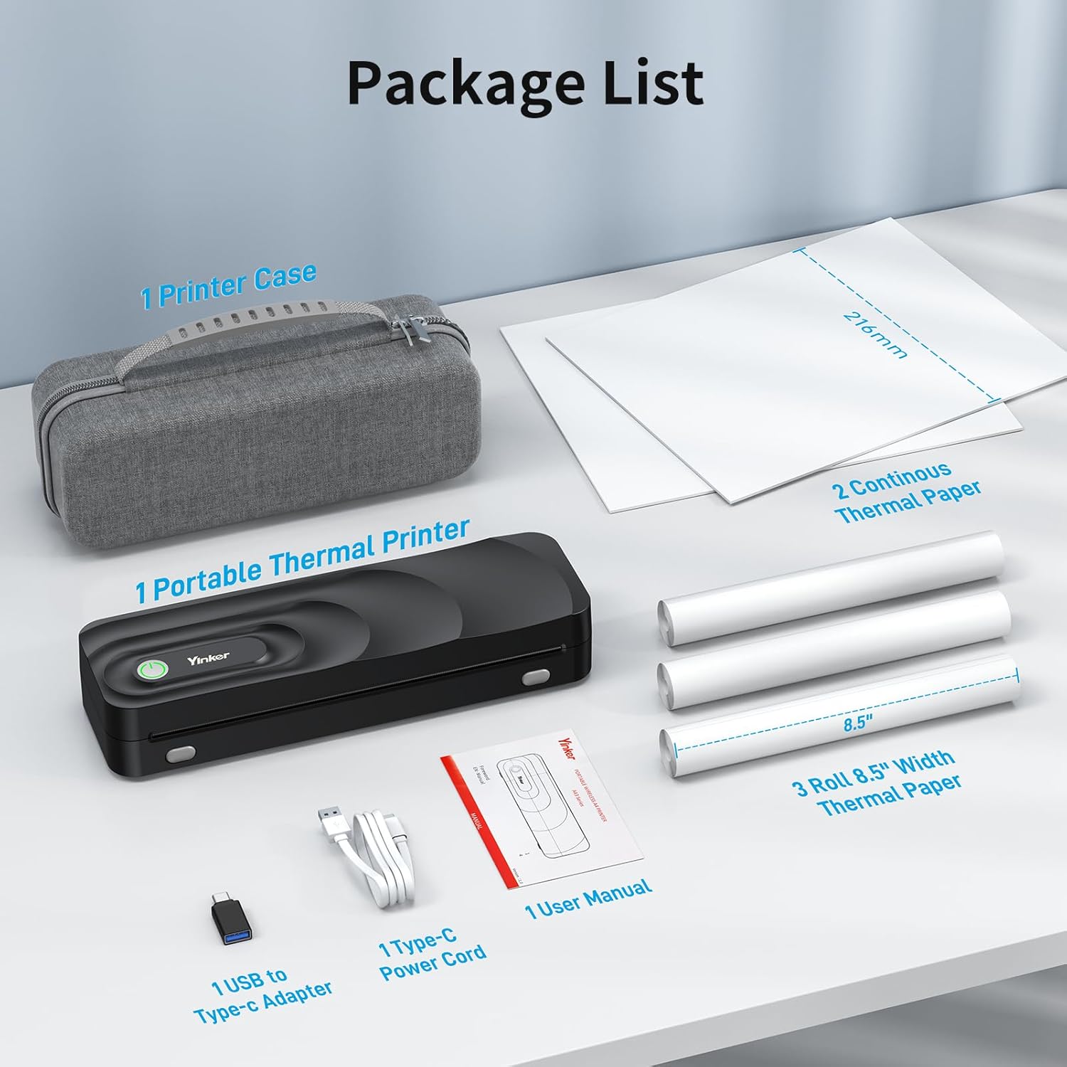 Portable Smart A4 Printer, Bluetooth Inkless Thermal Printer by Cellphone APP + 5 Rolls Paper, Supports A4 & Letter Size 8.5'' x 11''