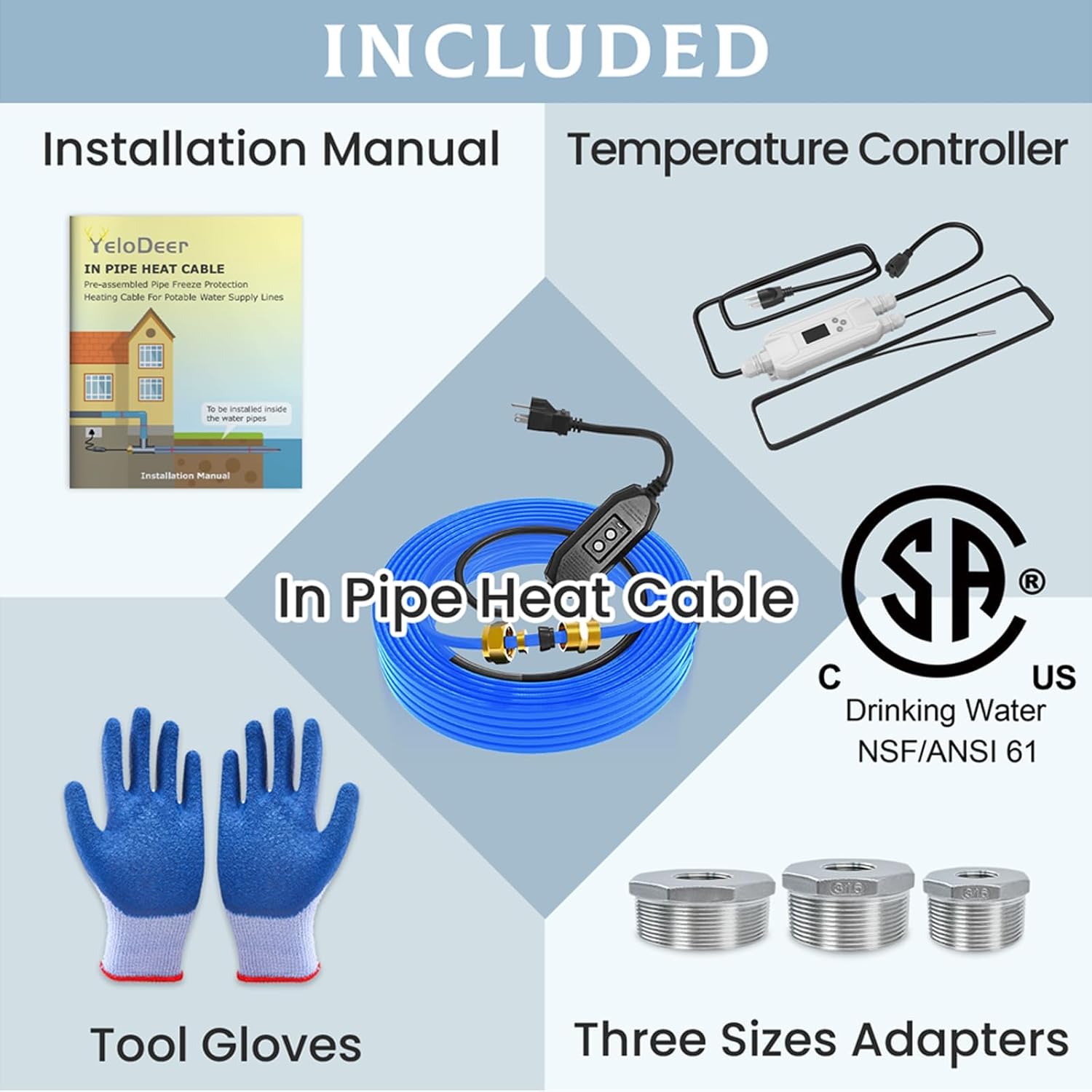 10 Feet In Pipe Heating Cable Kit for Safe Drinking Water Paired with Energy-saving Temperature Controller, YeloDeer CSA Internal Self-regulating Heat Trace Cable Prevents Freezing, 3 W/Ft, 120 V