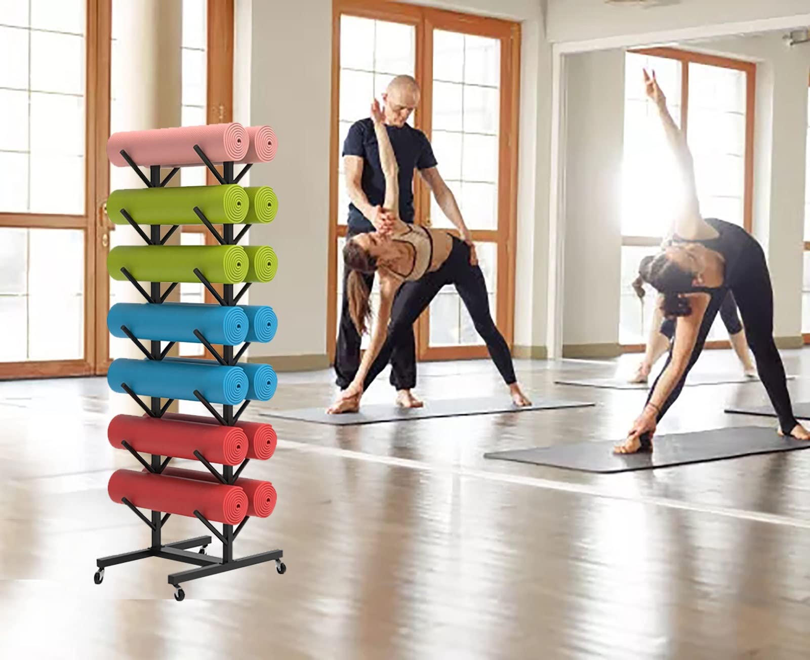 Wózek do przechowywania piłek i mat do jogi, pionowy wyświetlacz do studiów fitness i centrów jogi, czarny design, zwiększ swoją przestrzeń treningową, pojemność 7 przedmiotów