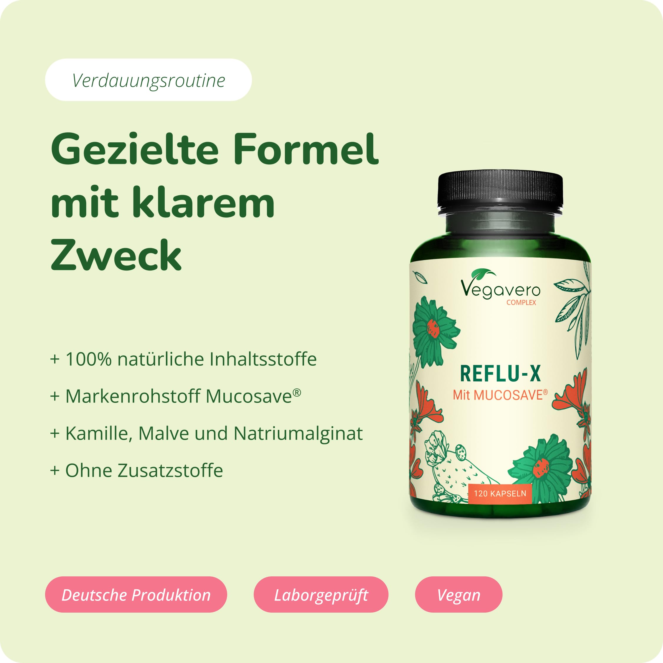 Vegavero Reflux Komplex - 120 vegane Kapseln – natürlicher Komplex mit Mucosave, Natriumalginat, Kamille & Malve - Pflanzlich bei Sodbrennen & stillem Reflux - Vegan & Laborgeprüft
