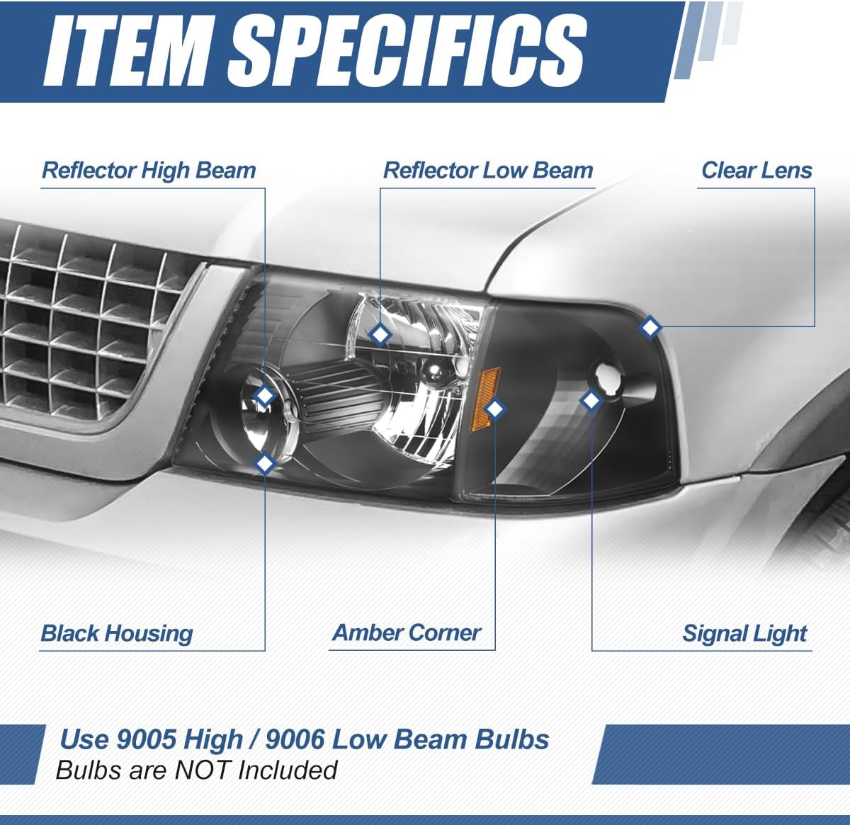 Auto Dynasty Headlight Assembly Compatible with 2002 2003 2004 2005 Ford Explorer, Headlamps Replacement with Turn Signal Light Lamps, Black Housing Amber Corner