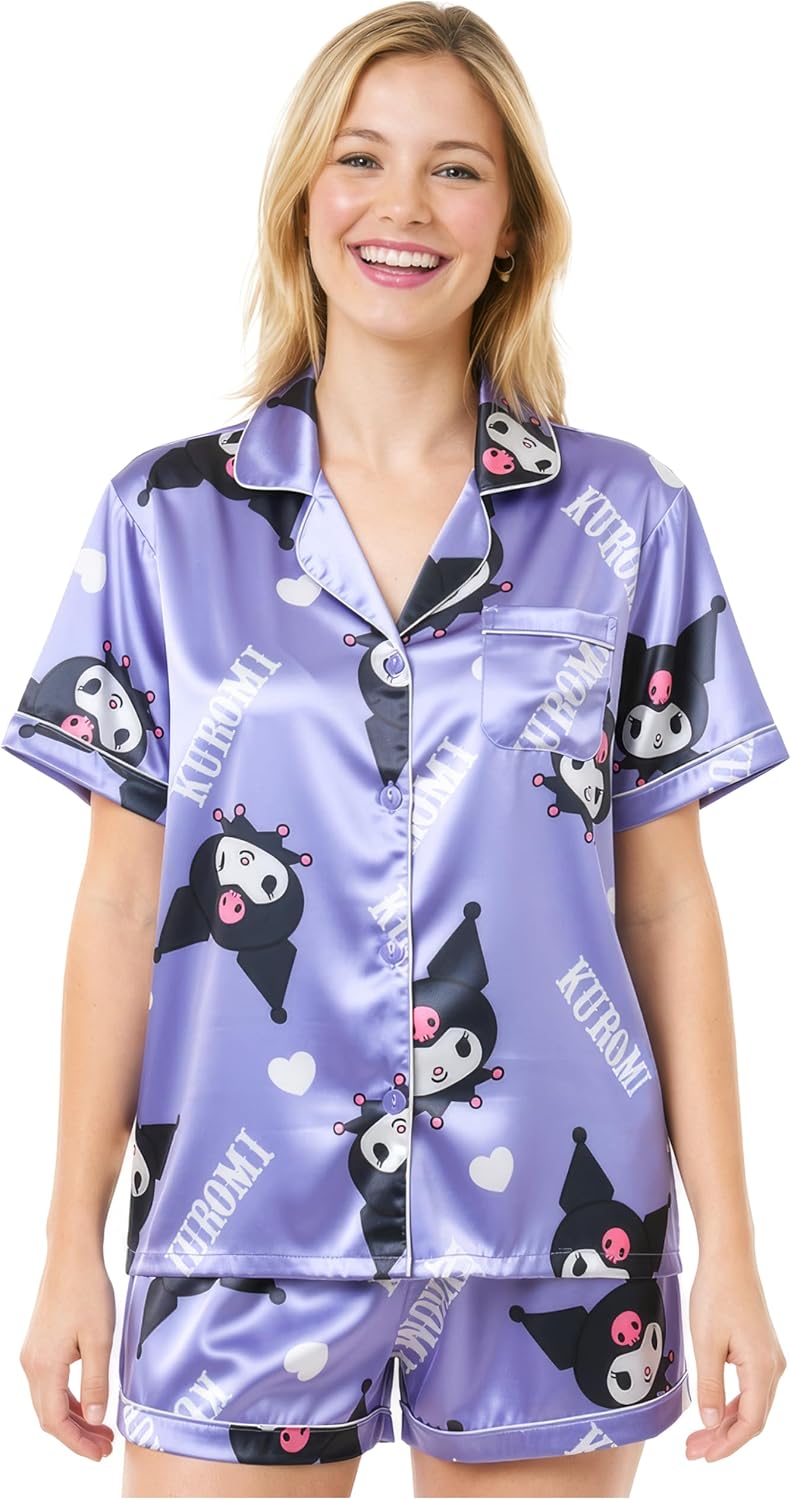 Get Trend Hello Kitty | Kuromi | Pusheen Women’s Pajama Sets, 2 Piece Button Up Shirt & PJ Shorts, Soft Kawaii Lounge Sets
