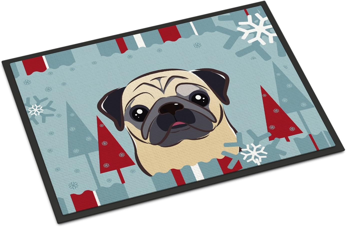 Caroline's Treasures BB1758MAT Winter Holiday Fawn Pug Doormat 18x27 Front Door Mat Indoor Outdoor Rugs for Entryway, Non Slip Washable Low Pile, 18H X 27W