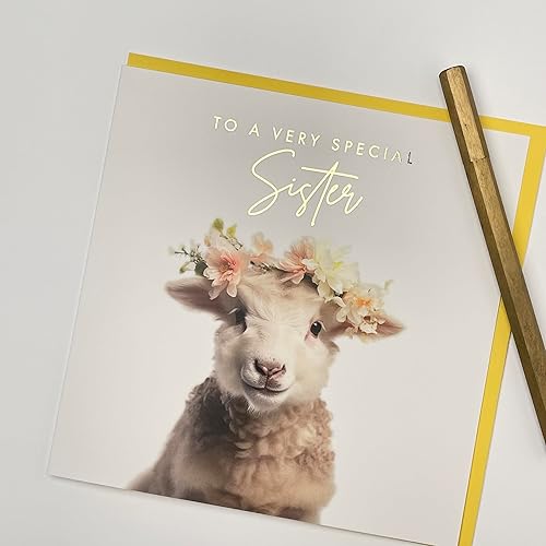 Miniatura 4 de Old English Co. Baby Lamb Very Special Sister Card - Tarjeta de cumpleaños con diseño floral de cordero para ella, lindas tarjetas de felicitación