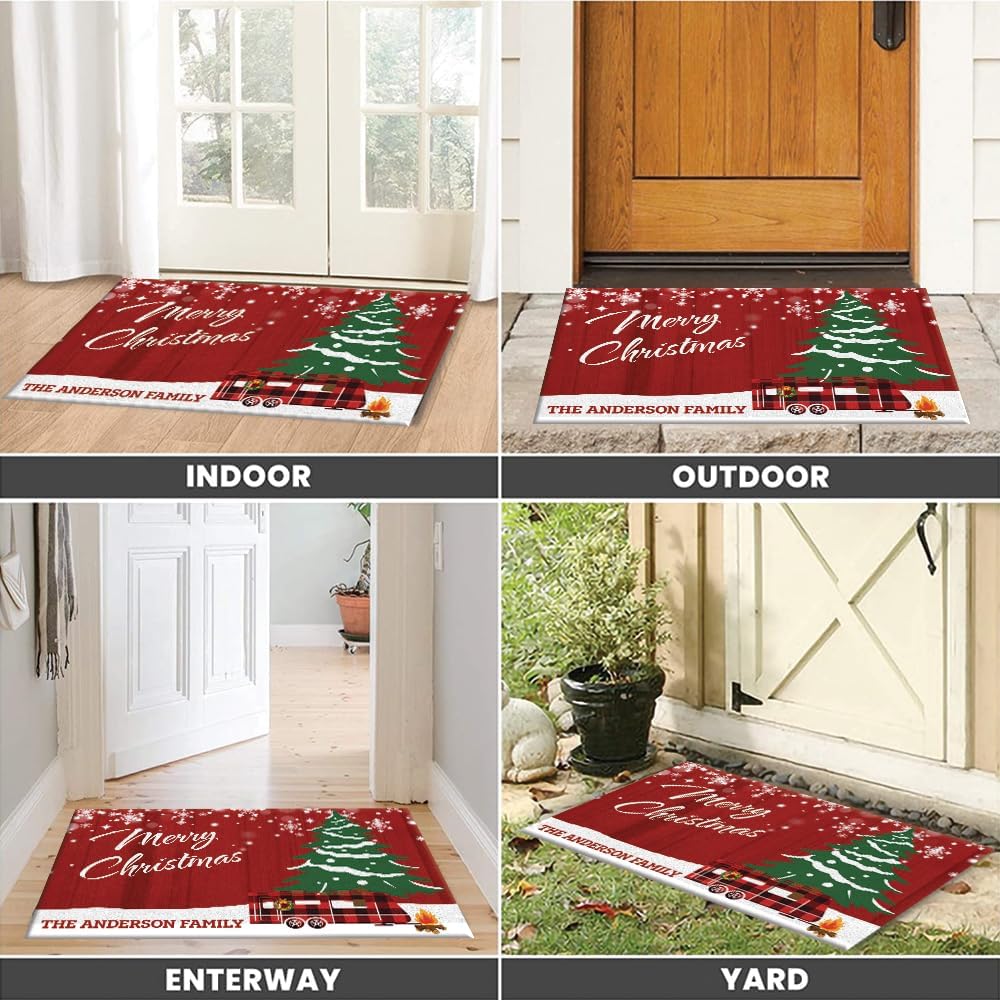 Personalized Camper Christmas Doormat with Family Name – Holiday Welcome Mat for Front Door – Custom Xmas Gift for RV Owners, Cabin Families, Porch Entryway, Housewarming Décor for Winter Season
