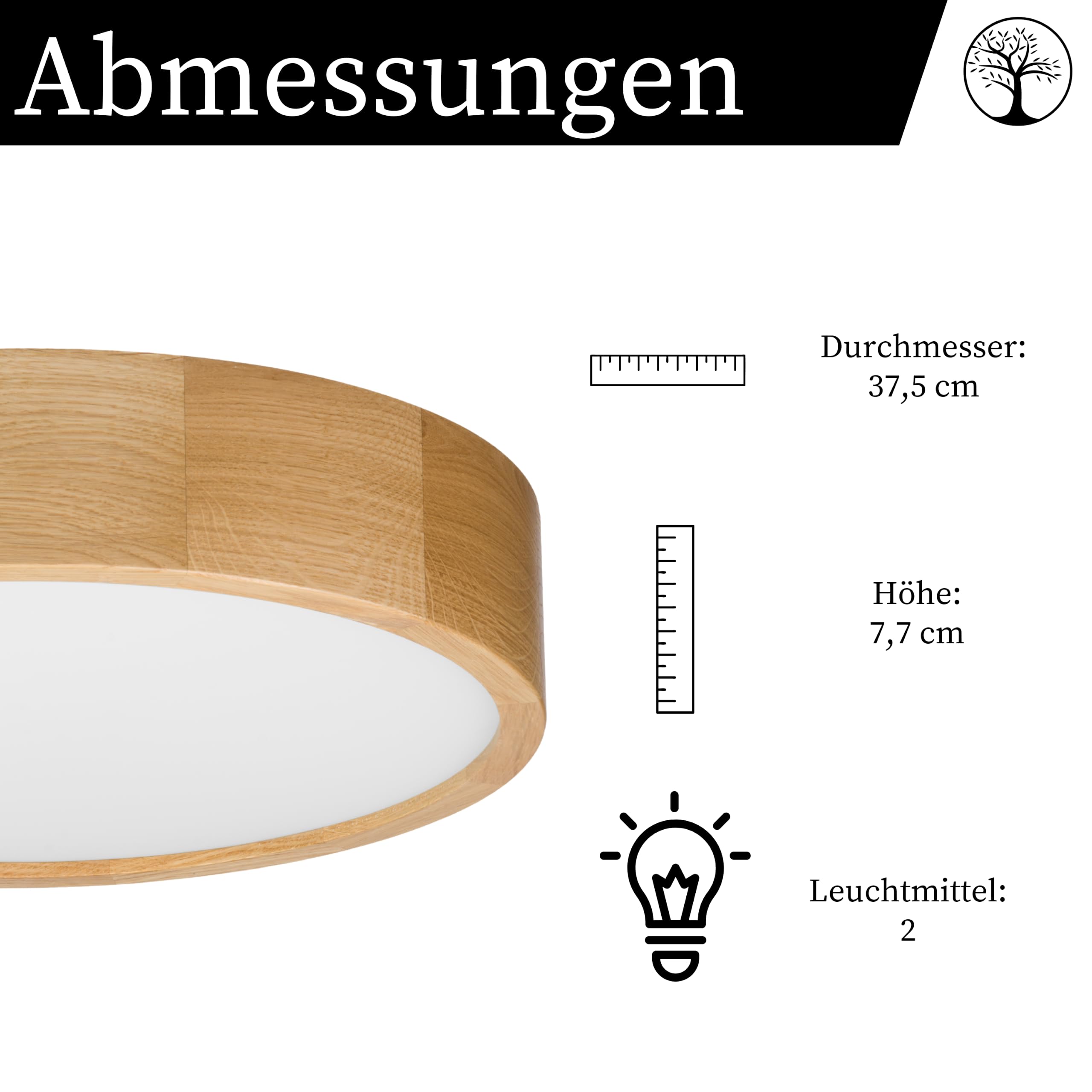 Deckenleuchte Holz - Rund Modern Holzlampe 2xE27 (37 cm) - Deckenlampe Eiche - Natur Lampe für Schlafzimmer, Wohnzimmer, Flur, Küche - Stilvolles Design Eichenholz - LEJA 40 cm