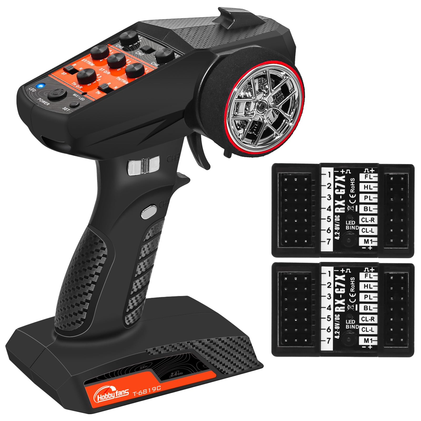Hobby Fans RC Radio System 7CH 2.4G RC Transmitter with 2PCS Receiver Anti-Jamming Remote Controller for RC Car Crawler Boat, Knob