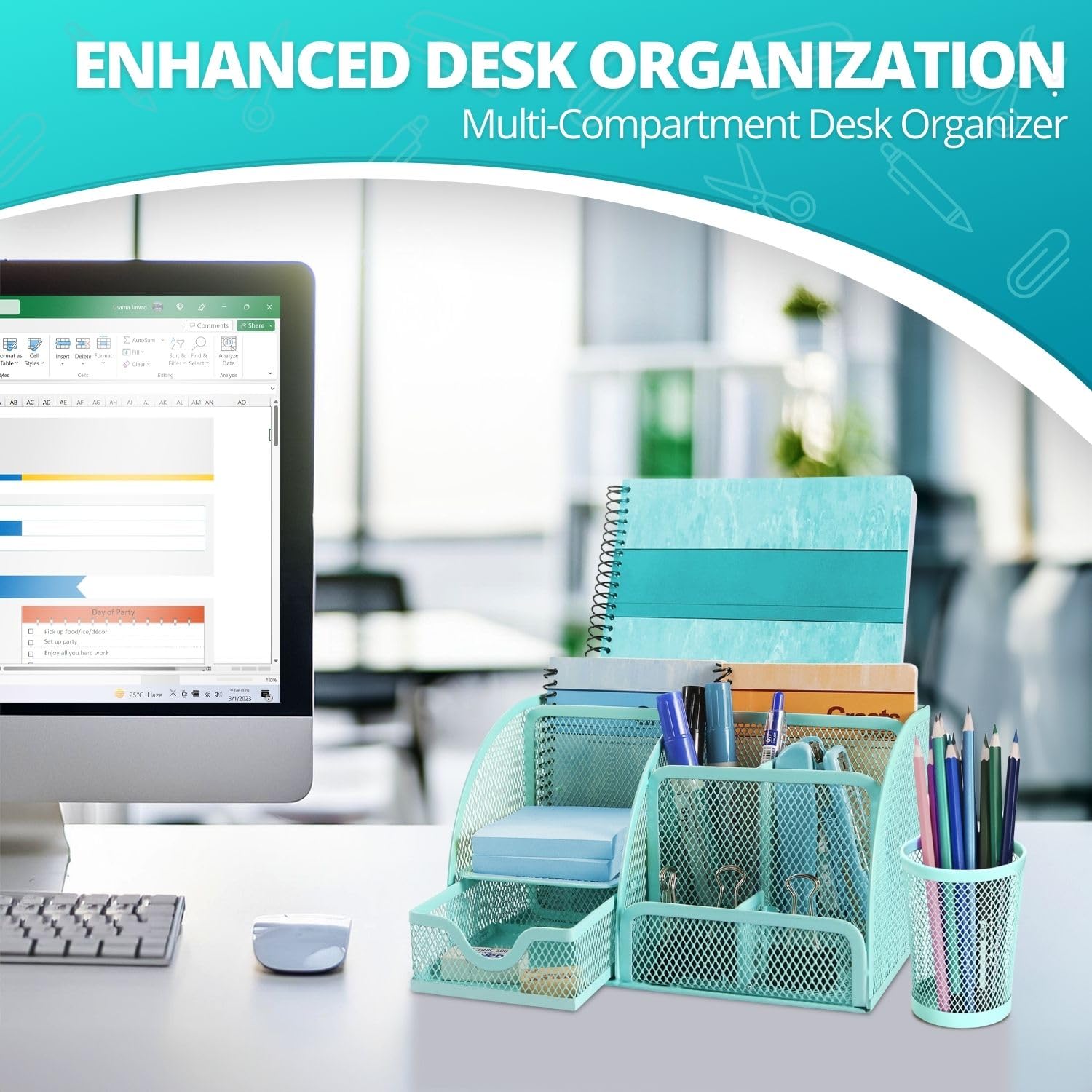 Flexzion Desk Caddy Organizer Set (Green), Metal Mesh Desktop Caddy with Drawers, 6 Compartments - Image 2